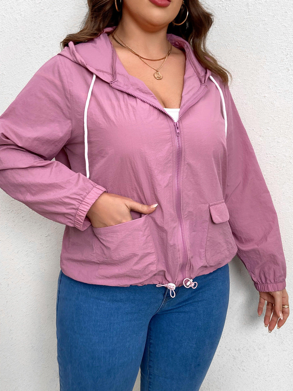 Plus Size Pink Zip Up Drawstring Hooded Jacket with Pockets - Women's Casual Outerwear for Spring & Fall | Perfect for Outdoor Activities, Travel & Everyday Wear