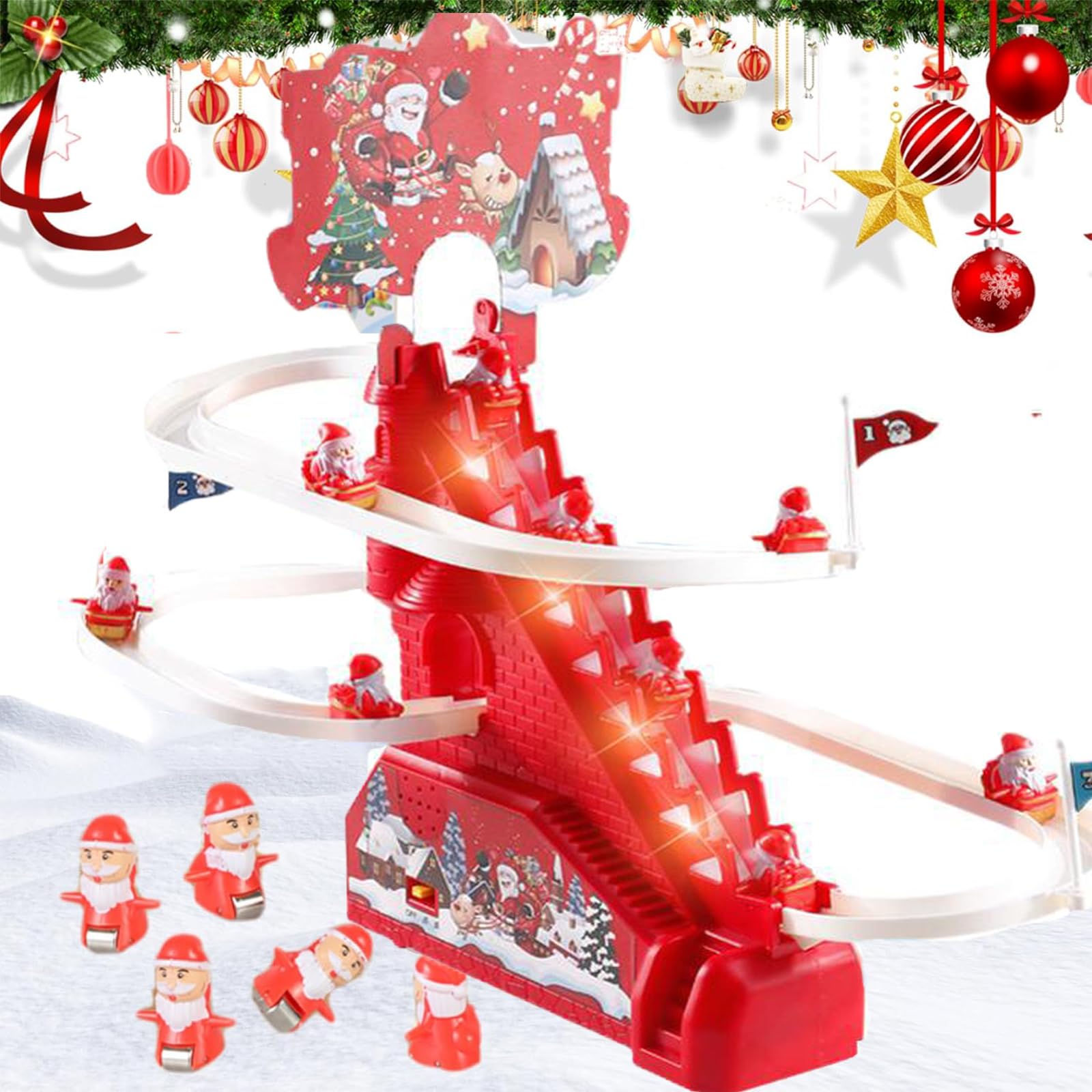 Electric Santa Climbing Toy - Automatic Stair Climbing Christmas Game with LED Lights & Music for Kids - Fun Holiday Race Toy for Toddlers Boys & Girls - Perfect for Christmas Decorations & Family Playtime