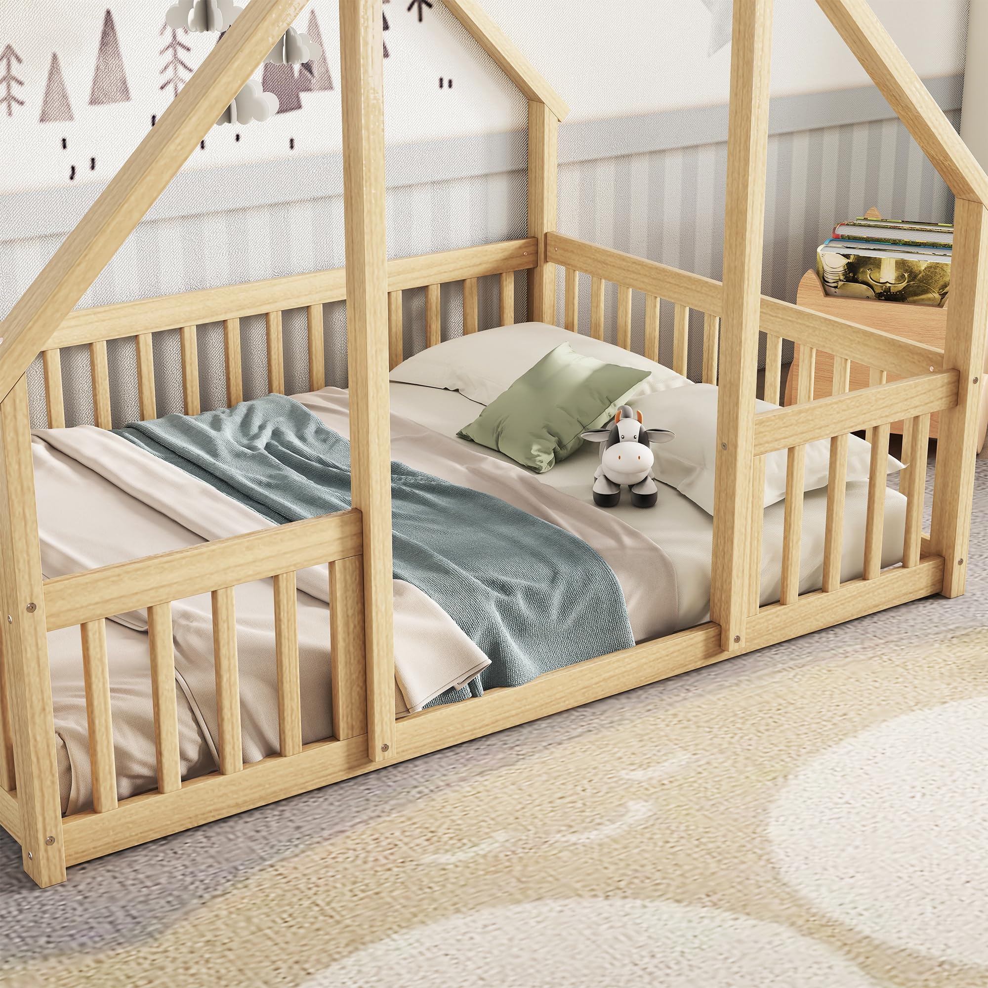 Bellemave Full Size Wooden House Floor Bed for Kids - Montessori Style Playhouse Bed with Safety Fence for Boys & Girls - Natural Wood Toddler Bed for Bedroom, Playroom or Nursery