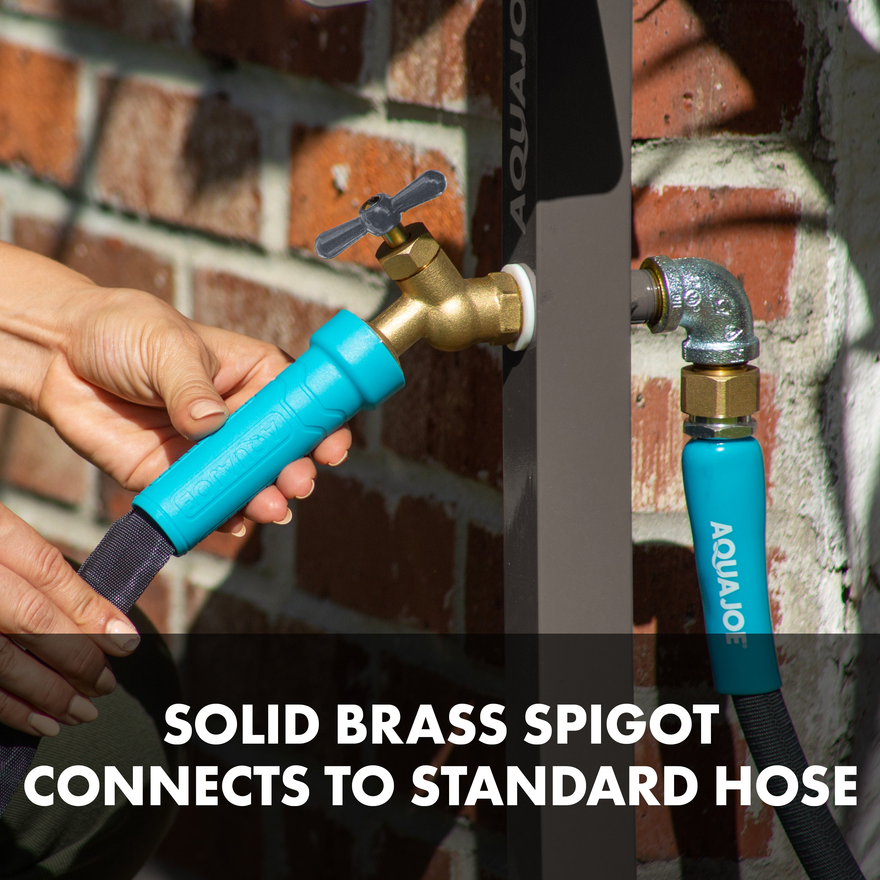 Aqua Joe SJ SHSBB TAN Garden Hose Stand with Brass Faucet - Holds Up to 125 Feet of Hose (Tan) | Perfect for Yard, Garden, and Outdoor Watering Storage