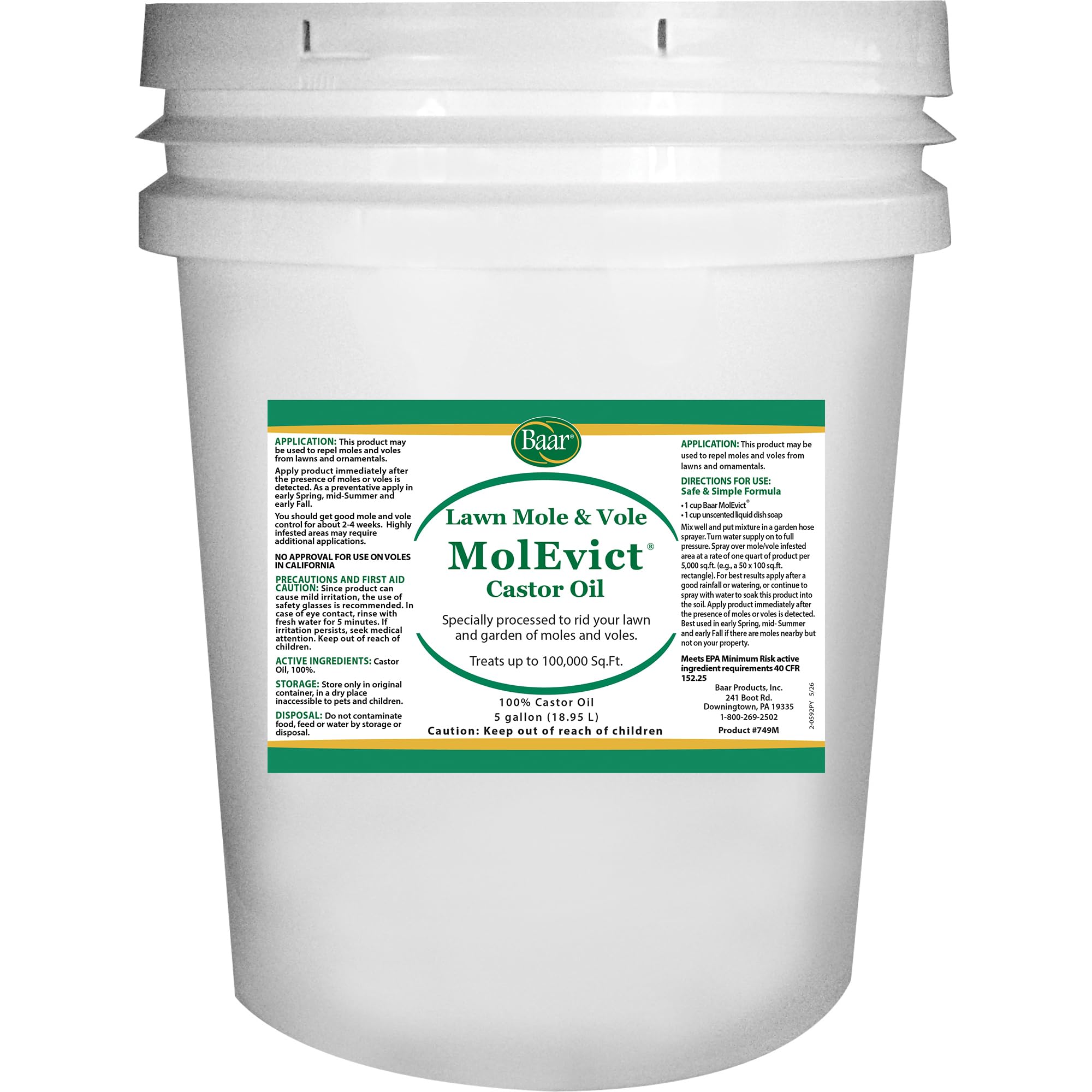 Baar Products MolEvict Lawn Mole Repellent - 5 Gallon Castor Oil Mole & Vole Deterrent for Yard Protection | Covers 100,000 Sq Ft | Pet & Plant Safe | Ideal for Lawns, Gardens, Flower Beds & Landscapes