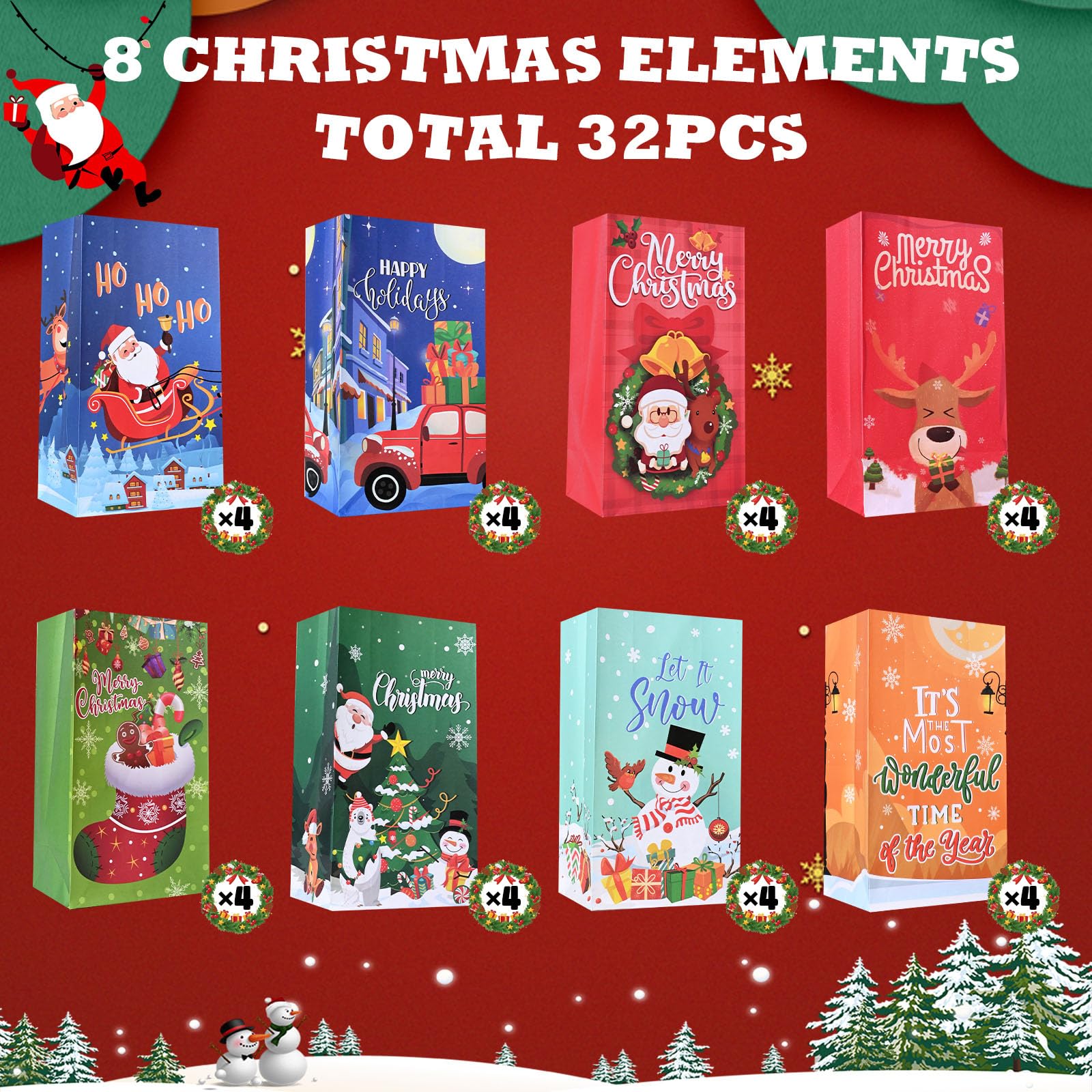Firstake Premium Christmas Treat Bags - 32pcs Kids Candy Bags for Classroom Parties, Holiday Celebrations & Gift Giving - Reusable Party Favor Bags for Christmas Events, School Activities & Family Gatherings