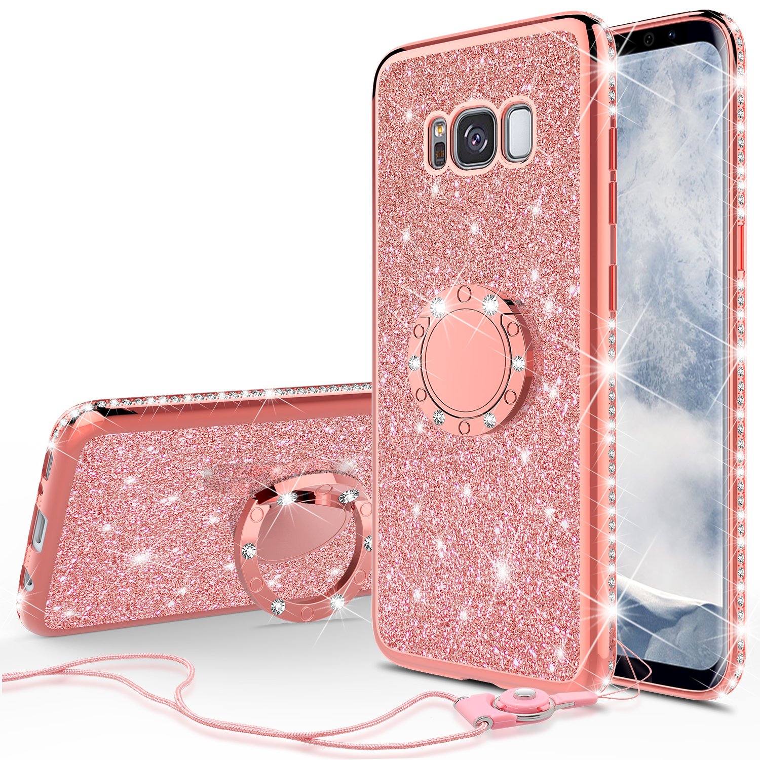 Sparkly Rhinestone Bling Phone Case with Kickstand & Ring Holder - Compatible with Samsung Galaxy S8 | Stylish Diamond Glitter Protective Cover for Women & Girls (Rose Gold) | Perfect for Parties, Dates & Everyday Glam