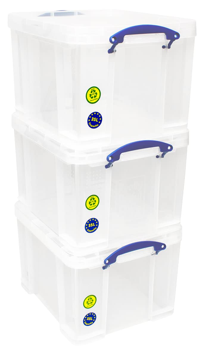Really Useful Plastic Storage Box Bonus Pack - 3x35 Litre Clear Storage Containers for Home, Office & Organizing