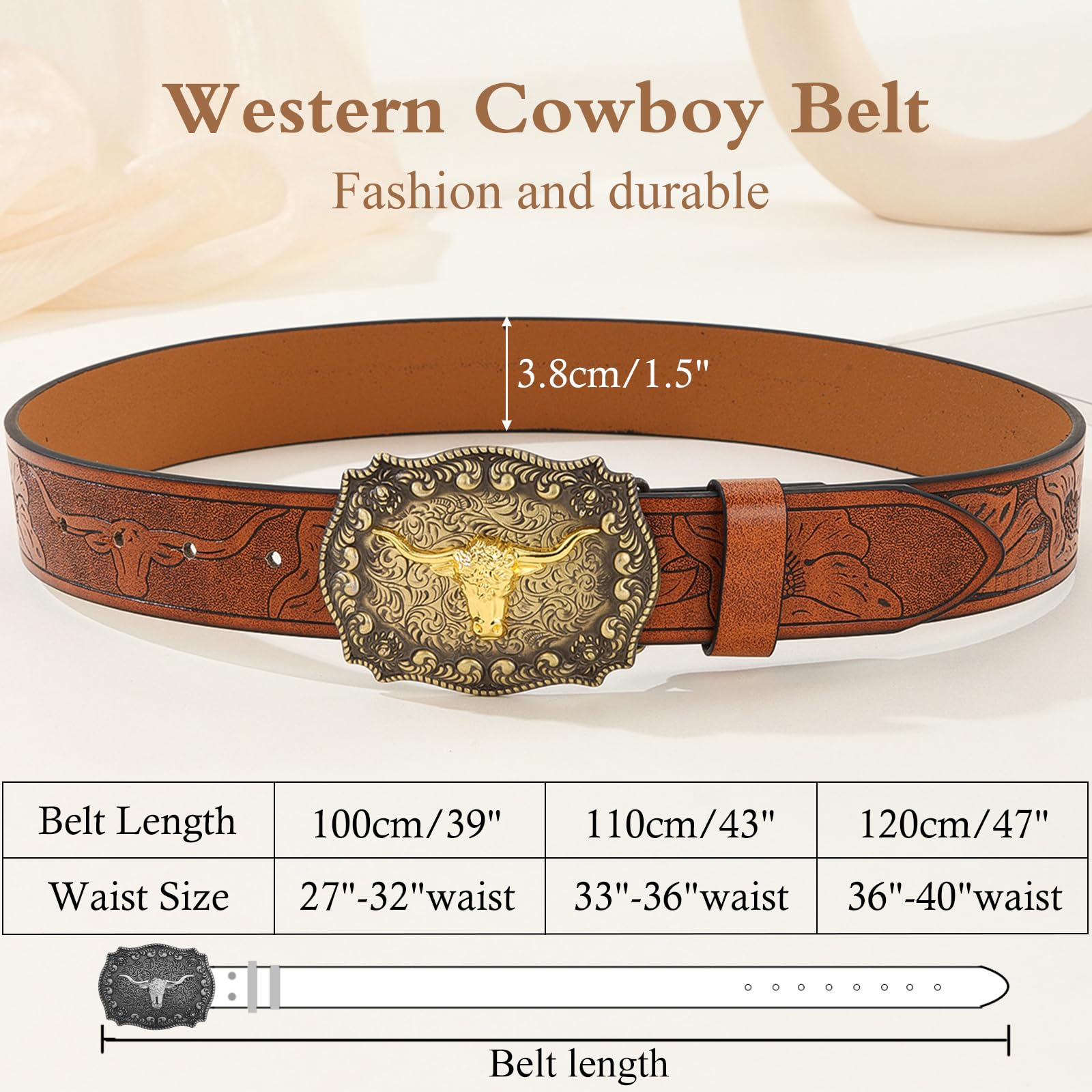 Western Cowboy PU Leather Belt for Men - Brown & Black Genuine Leather Belt with Longhorn Bull Buckle - Stylish Western Belt for Jeans, Rodeo & Country Fashion