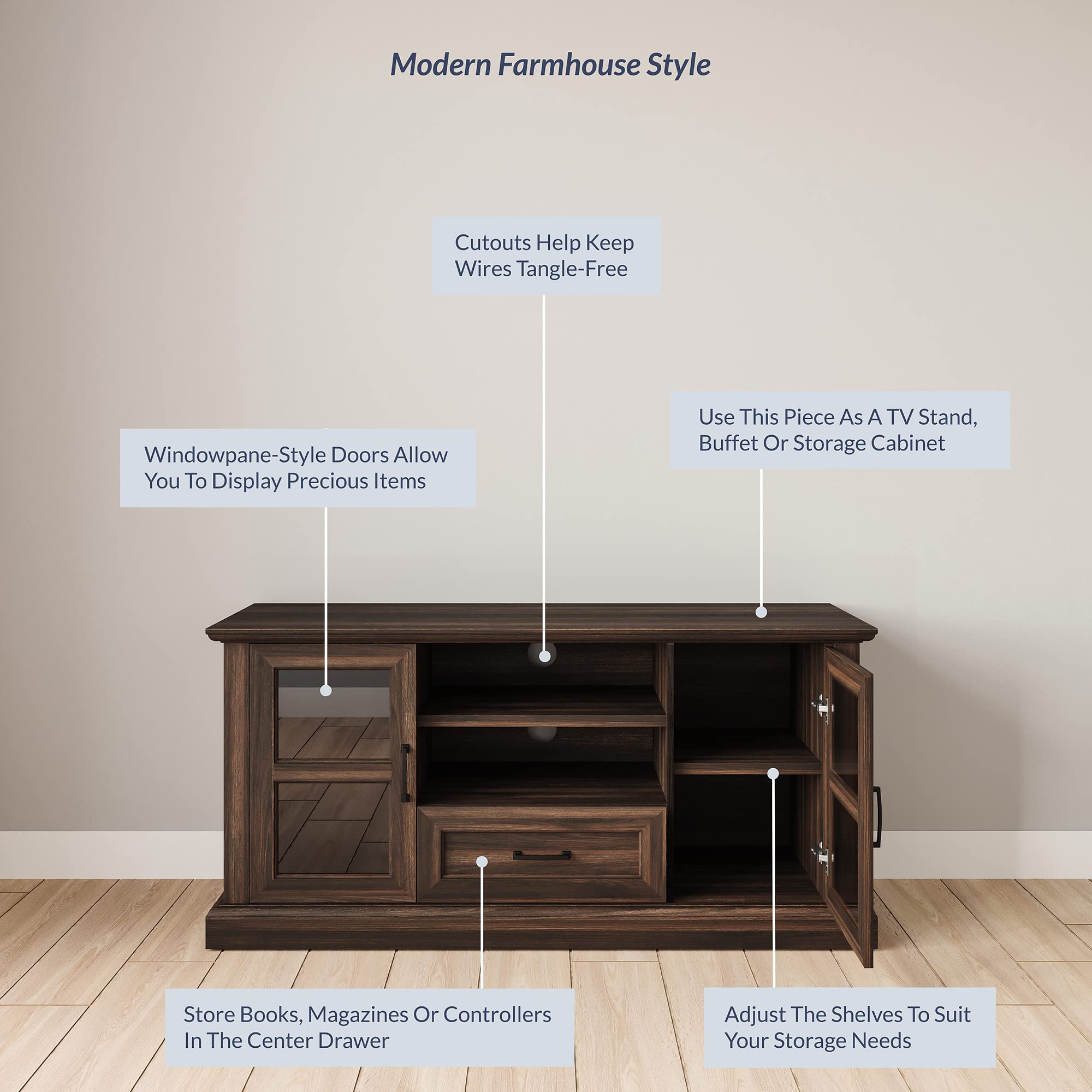 BELLEZE Rustic 62 Inch Modern TV Stand for 70 Inch TVs - Dark Walnut Entertainment Center with Adjustable Shelves & Glass Cabinet Doors - Perfect for Living Room, Bedroom & Home Theater Setup