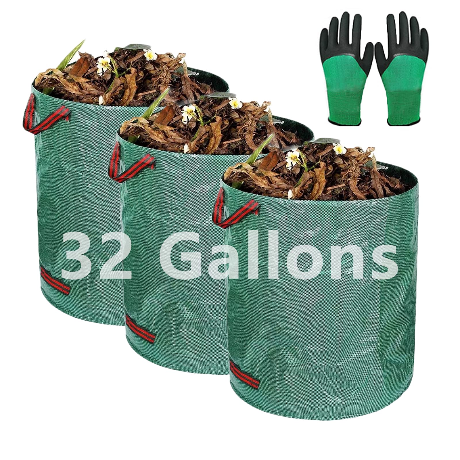 OBAGIAFE 3-Pack Heavy Duty Reusable Yard Waste Bags - 32/72/80 Gallon Capacity Gardening Leaf Bags with Free Gardening Gloves - Durable Lawn, Pool & Garden Cleanup Bags for Leaves, Grass Clippings & Yard Debris (3 x 32 Gallon + Gloves) - Perfect for Landscaping, Fall Cleanup & Outdoor Maintenance