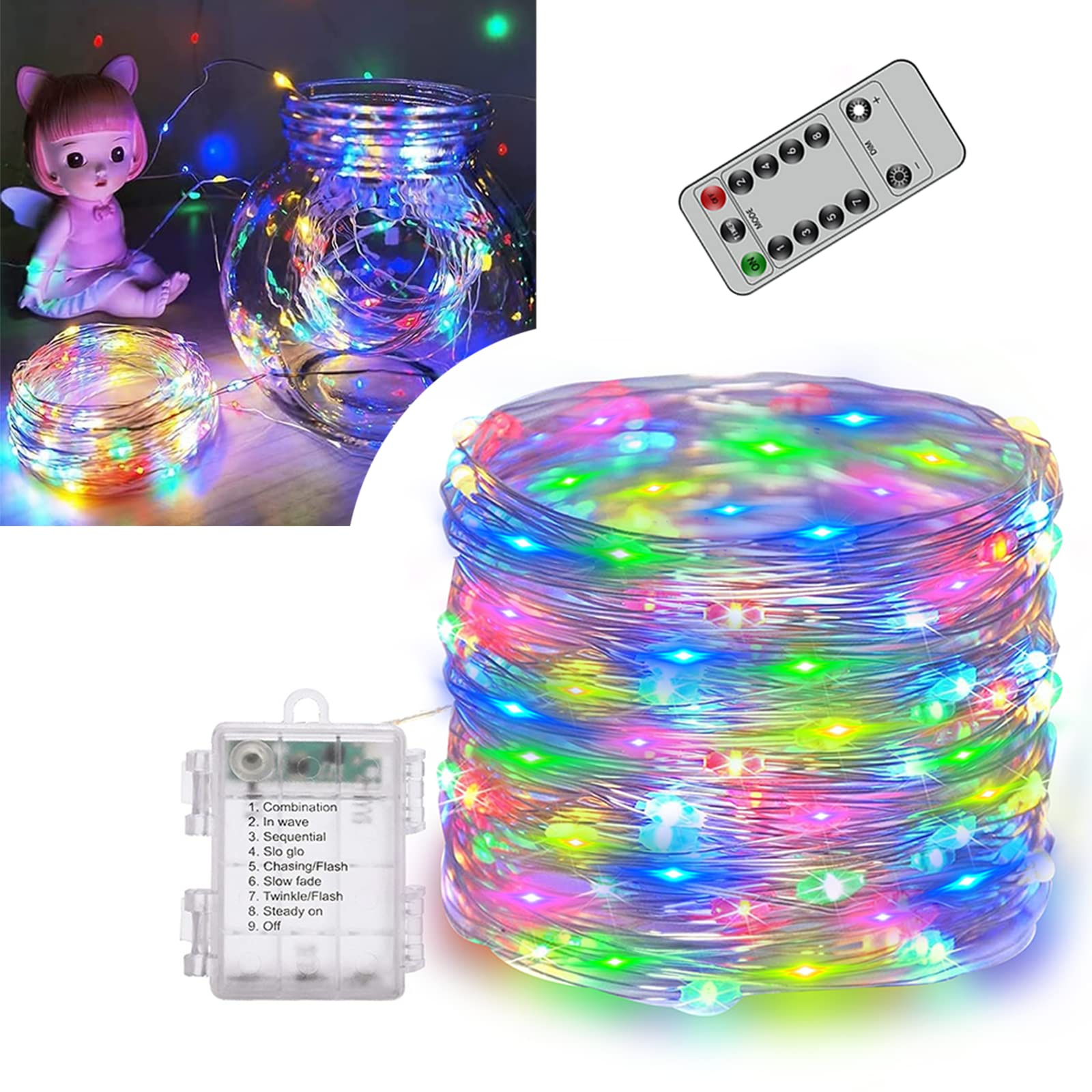 33Ft 100 LED Battery Operated Fairy Lights with Remote & Timer - 8 Lighting Modes, Waterproof Copper Wire String Lights for Bedroom Decor, Wedding, Party, Christmas Tree, Garden and Outdoor Decoration