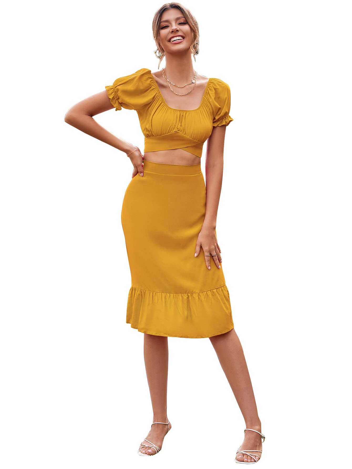 LYANER Women's Floral Print 2 Piece Outfits - Self Tie Knot Crop Top and Midi Skirt Set for Summer, Beach, Vacation & Casual Wear