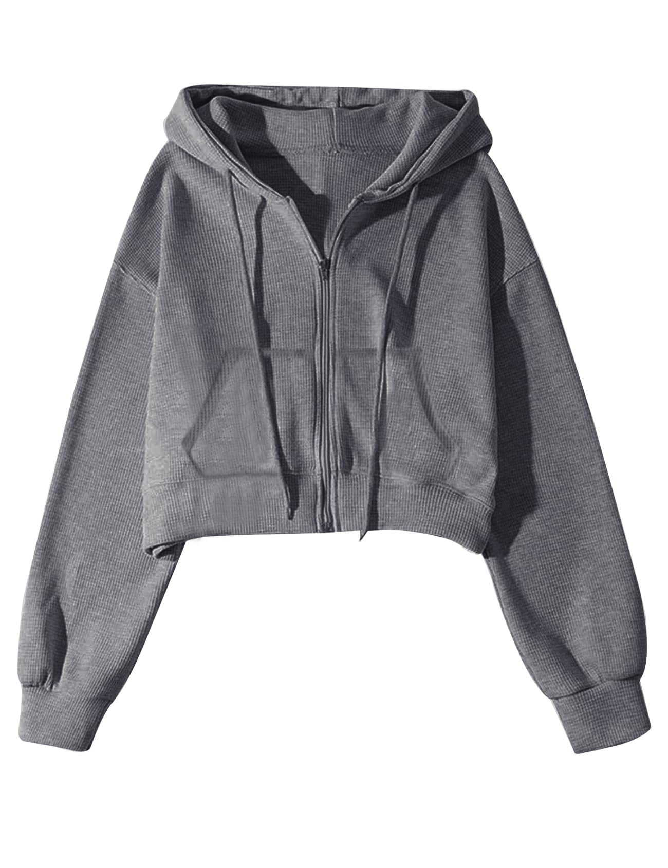 Flygo Women's Cropped Zip Up Hoodie - Waffle Knit Sweatshirt with Kangaroo Pocket | Casual Streetwear, Loungewear, Fall & Winter Fashion