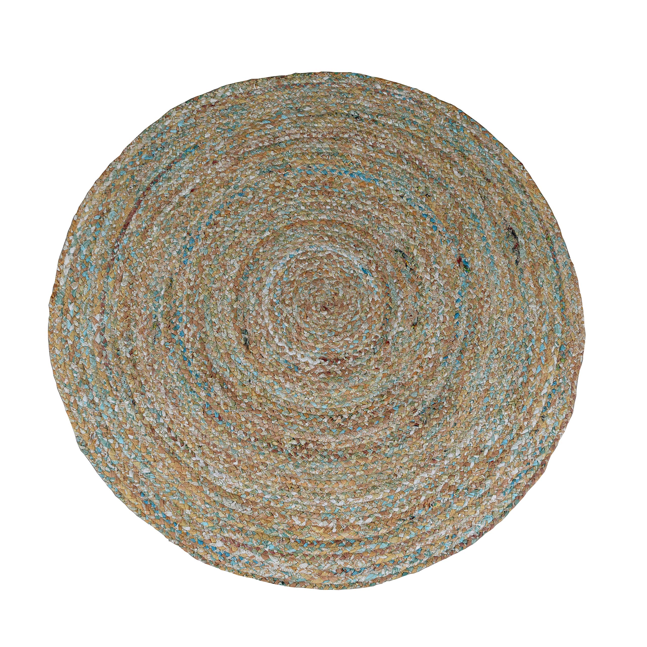 5 ft Round Braided Cotton Area Rug - Non-Slip Reversible Handwoven Chindi Rug for Living Room, Bedroom & Dorm - Beige Multicolor Distressed Design by MystiqueDecors - Perfect for Boho, Farmhouse & Coastal Decor Styles