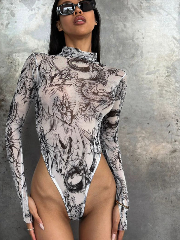 ZASUWA Women's Sexy Tie-Dye Print Sheer Mesh Bodysuit - Fashionable Lingerie for Date Night & Special Occasions
