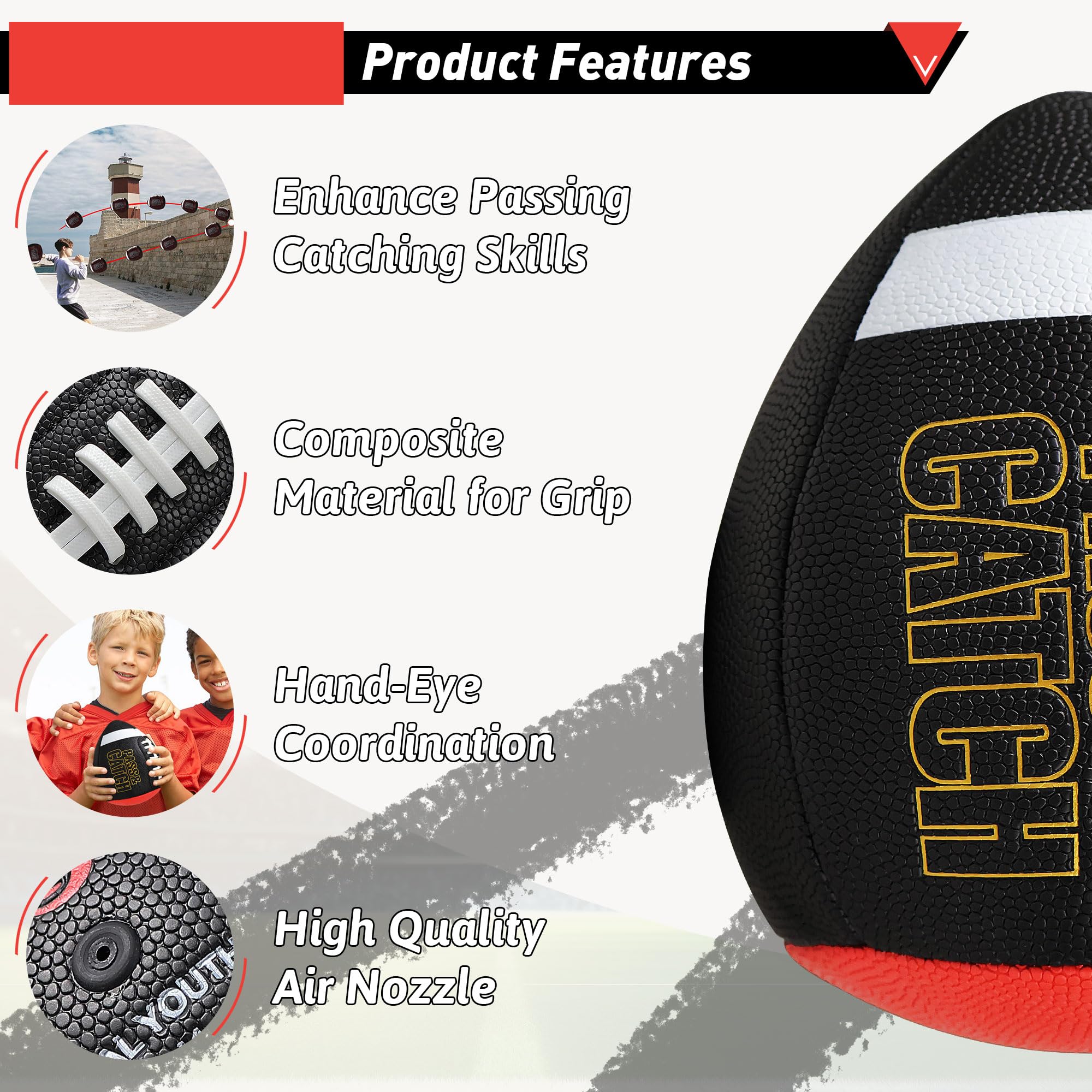 PassCatch Composite Training Football for Youth & Adults – Peewee, Youth (Ages 5-13) & Official Size (Ages 14+) – Improve Passing & Catching Skills – Includes Pump – Perfect for Solo Practice, Backyard Drills & Football Training