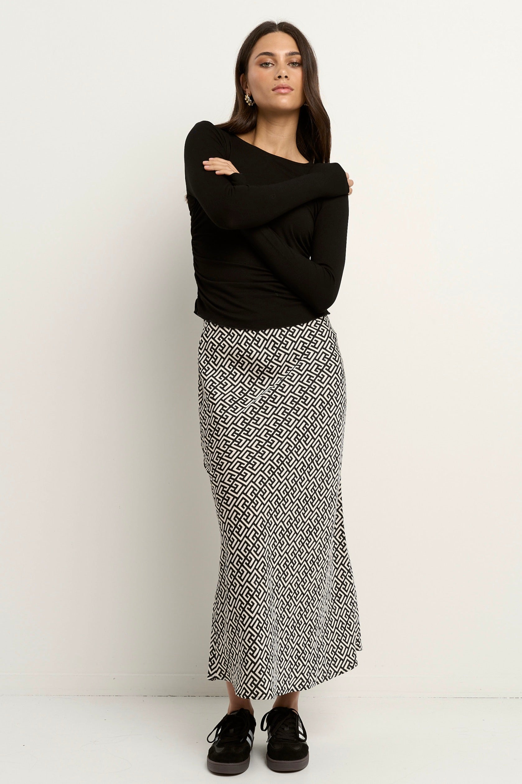 Cleo Geometric Print Satin Bias Cut Midi Skirt for Women | Elegant Party & Office Wear | Perfect for Weddings, Cocktail Events & Business Meetings