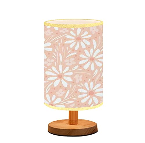 Minimalist Monochrome Hand-Painted Daisy Table Lamp with Wooden Flaxen Fabric Shade - Peach Pink Background Nightstand Light for Bedroom, Living Room & Nursing Areas | Perfect for Breastfeeding, Reading & Cozy Ambience