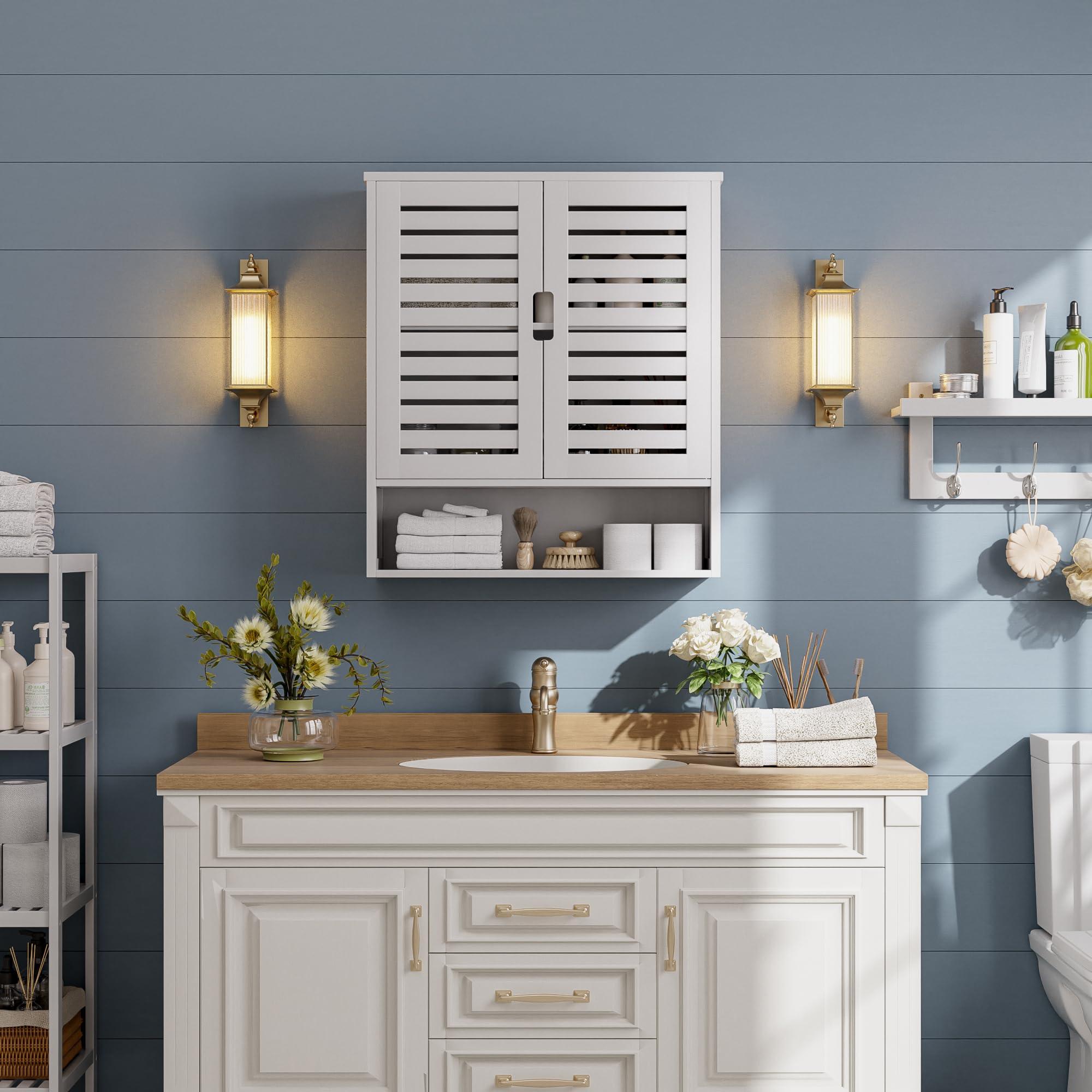 SMIBUY White Bamboo Over-The-Toilet Storage Cabinet - Wall Mounted Bathroom Organizer with 2 Doors & Adjustable Shelves for Medicine, Cosmetics & Toiletries - Perfect for Small Bathroom Space Saving Solutions