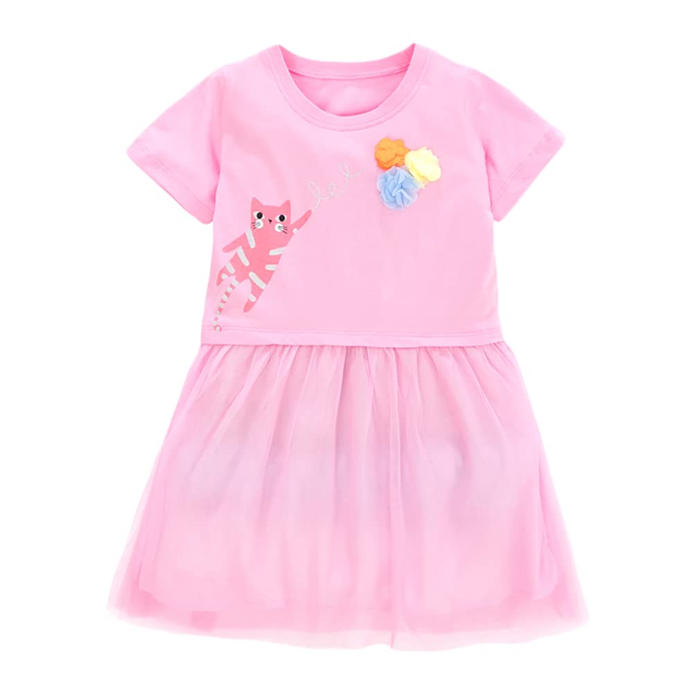 **Pink Cartoon Print Tulle Summer Dress for Girls - Short Sleeve Round Neck Toddler Party Tutu Dress - Perfect for Birthday, Photo Shoots & Special Occasions**