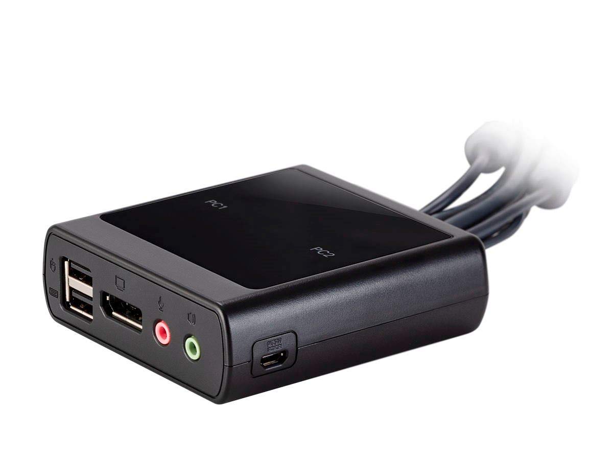 Monoprice 2-Port USB DisplayPort KVM Switch - 4K@30Hz Resolution, Remote Port Selector, Supports Mic & Audio - Perfect for Home Office & Multi-Computer Setup