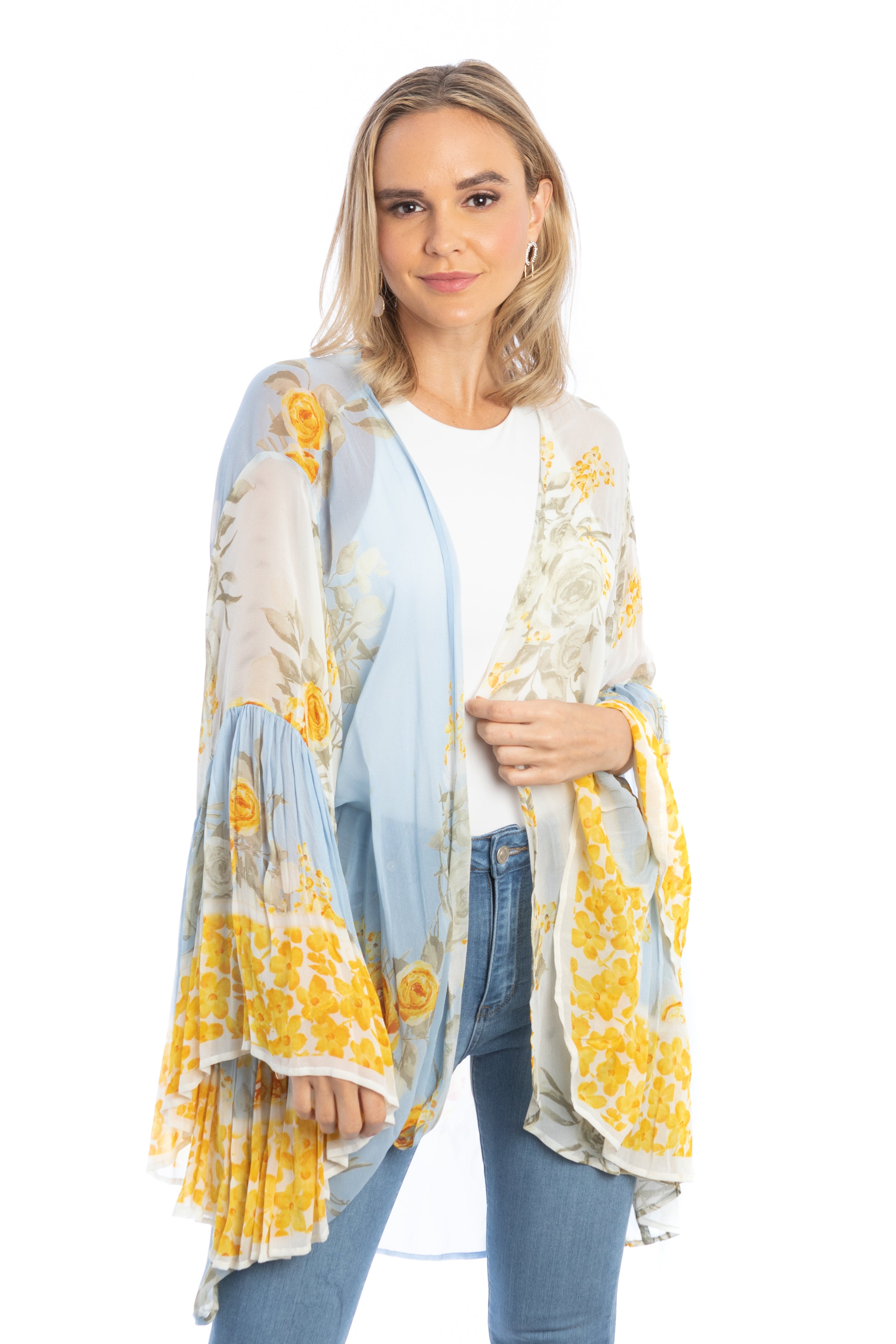 Mystical Garden Ruffle Sleeve Kimono - Floral Print Boho Cover Up for Women - Perfect for Beach, Pool, or Summer Outfits