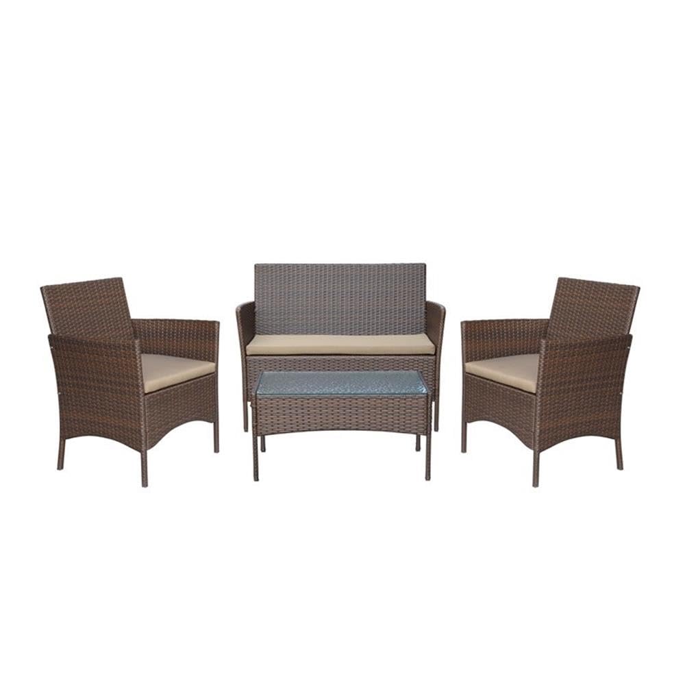Jeco W00609-E Conor 4-Piece Steel Espresso Resin Wicker Patio Conversation Set with Tan Cushions - Outdoor Furniture for Garden, Deck, Poolside & Backyard Relaxation