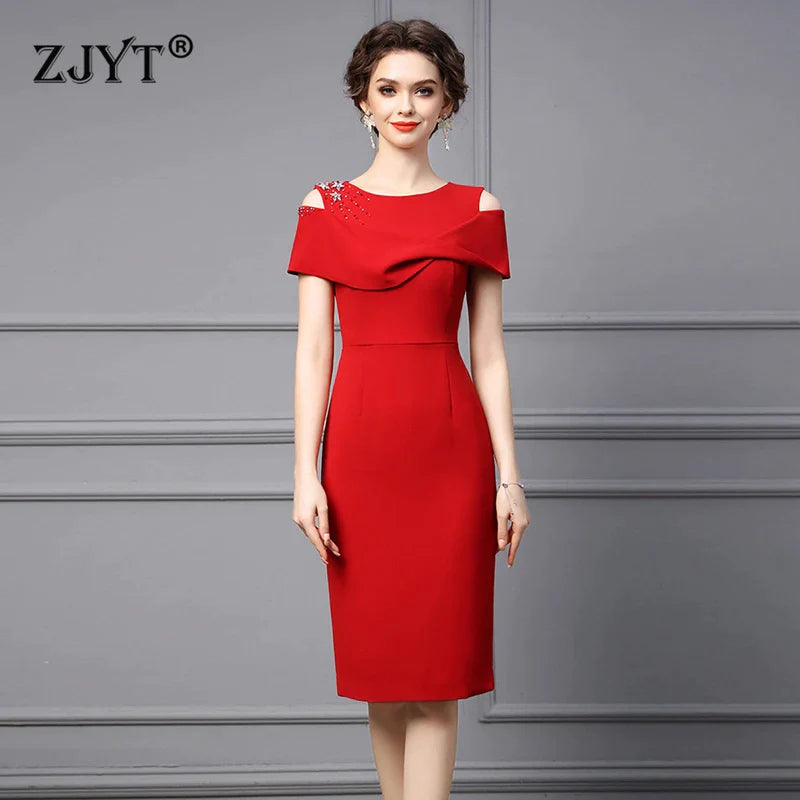 Elegant Red Beaded Diamond Party Dresses for Women - Luxury Off Shoulder Prom Gown, Summer Cocktail Dress for Evening Events, Weddings & Special Occasions