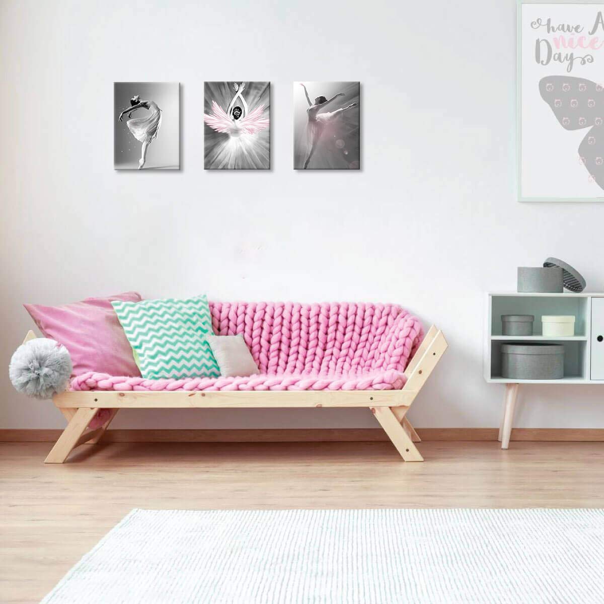 Ballet Dancer Wall Art Set - 3 Piece Black & White with Pink Canvas Prints (12x16 Inch) for Girls Bedroom Decor, Home Wall Decorations | Perfect for Nursery, Teen Room & Dance Studio Aesthetic