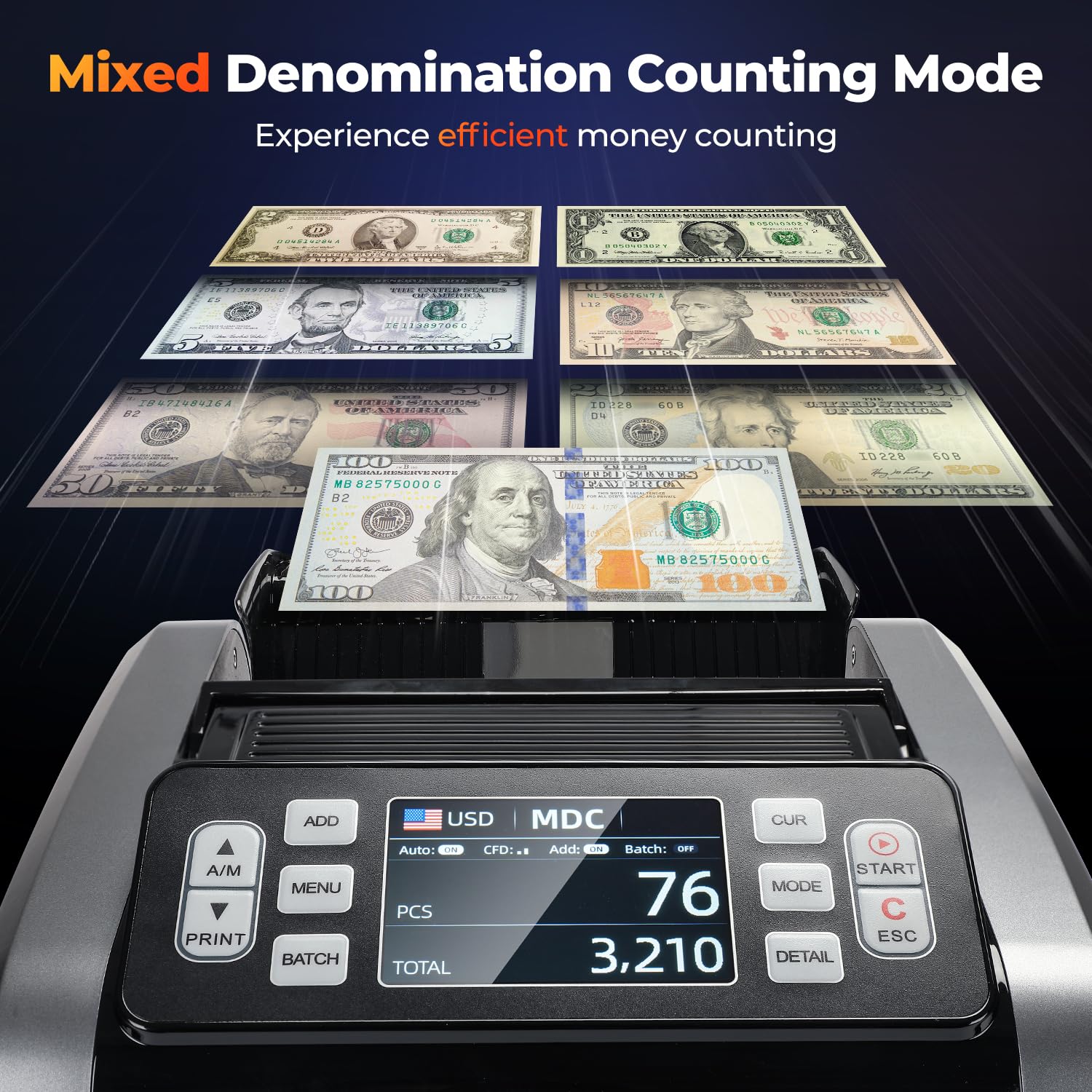 MUNBYN IMC09 Mixed Denomination Money Counter Machine with UV/MG/IR/MT Detection - Value Counting & Printing for USD, EUR, MXN - 3.5