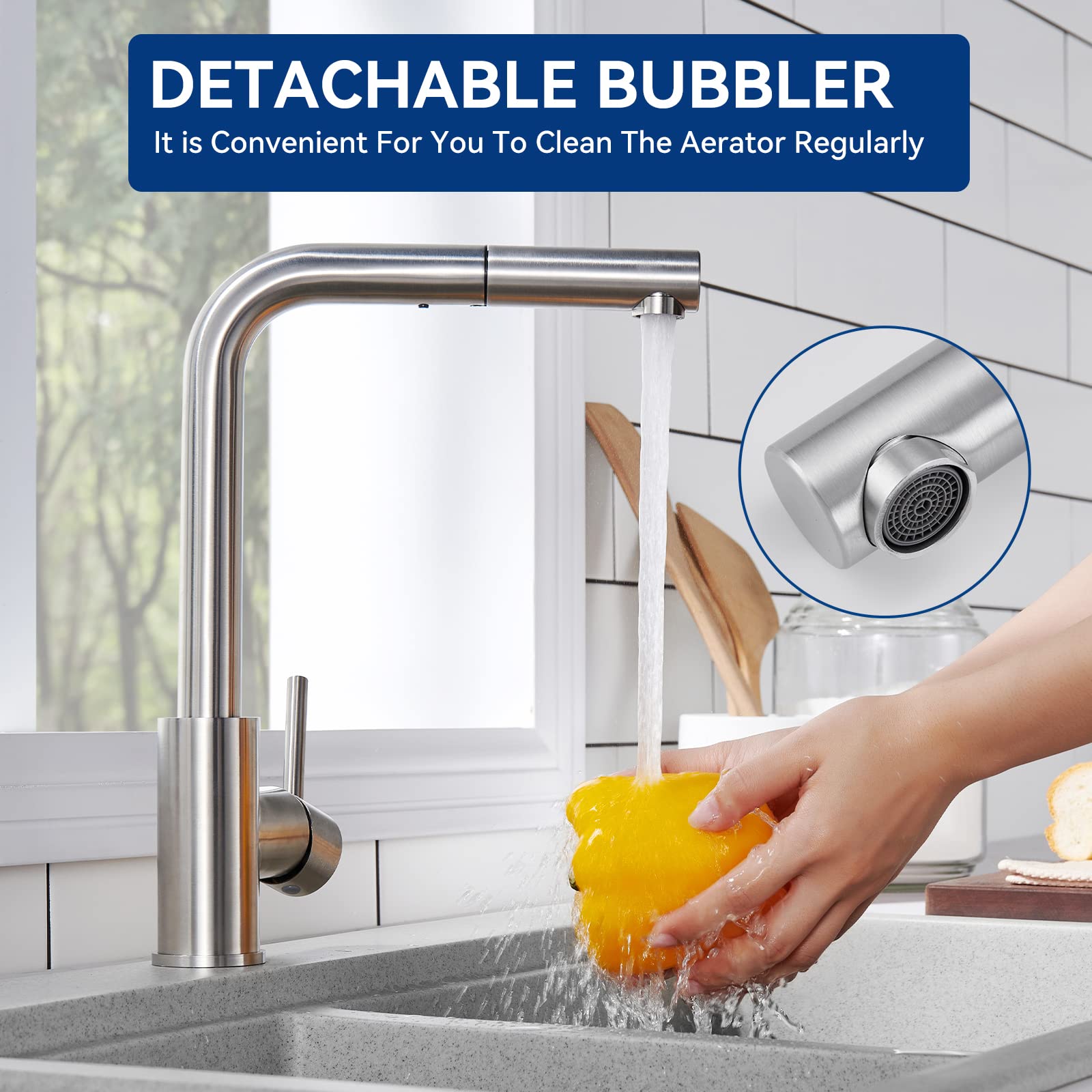 CECIPA Stainless Steel Pull-Out Kitchen Faucet with 360° Swivel Sprayer & Removable Aerator - No Drip Design for Modern Home Kitchen Sink (Ideal for Washing Dishes, Filling Pots & Cleaning Countertops)