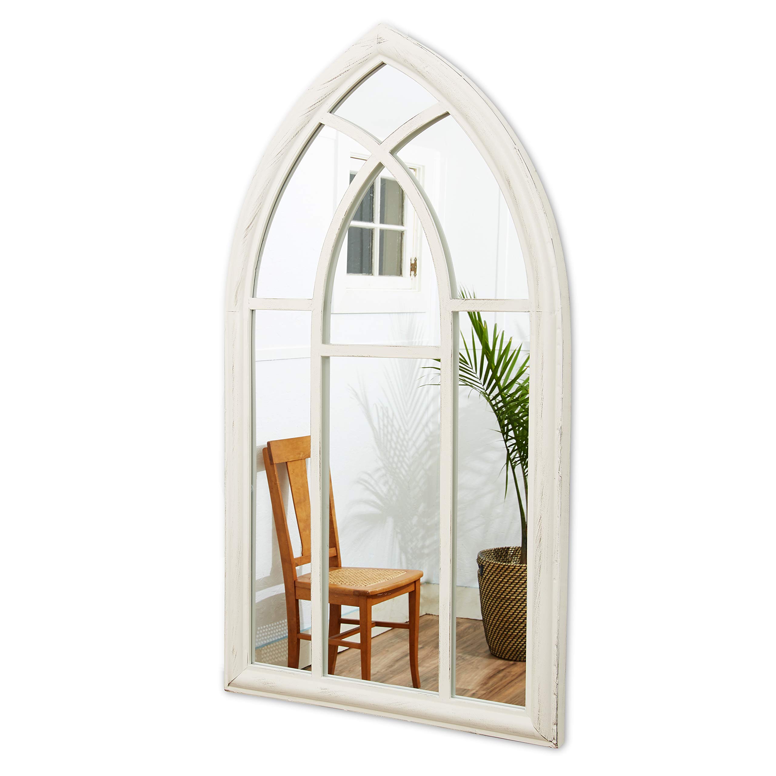 Vintage White Wooden Arched Window Mirror - 30x20 Inch Farmhouse Cathedral Wall Mirror for Bathroom, Bedroom & Entryway Décor - Distressed Wall Mounted Mirror for Rustic Home Decor
