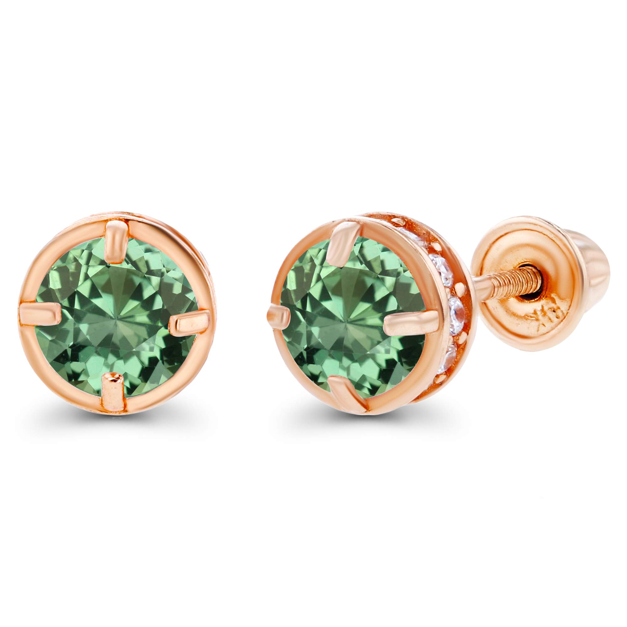 14K Solid Gold 5mm Round Natural Birthstone Screwback Stud Earrings for Women | Genuine Birthstone Jewelry | 1mm White Sapphire Basket Earrings | Perfect Gift for Birthday, Anniversary & Special Occasions