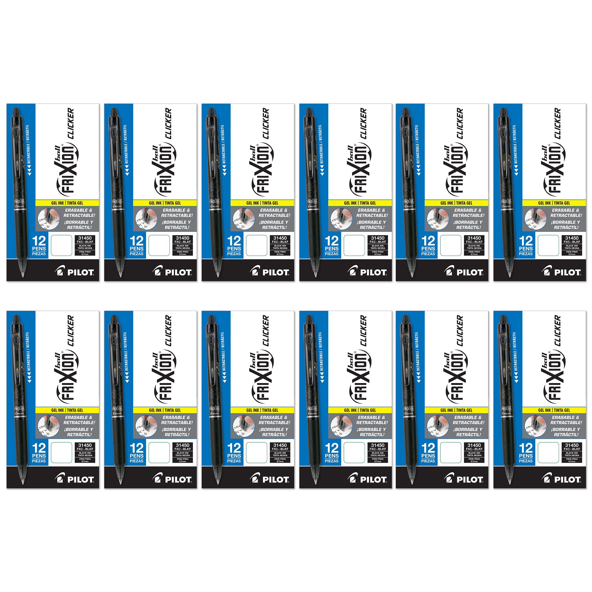 Pilot FriXion Clicker Erasable Gel Pens 0.7mm Fine Point - 12 Pack (144 Pens Total) - Black Ink for School, Office & Note Taking - Smooth Writing & Easy Erasing