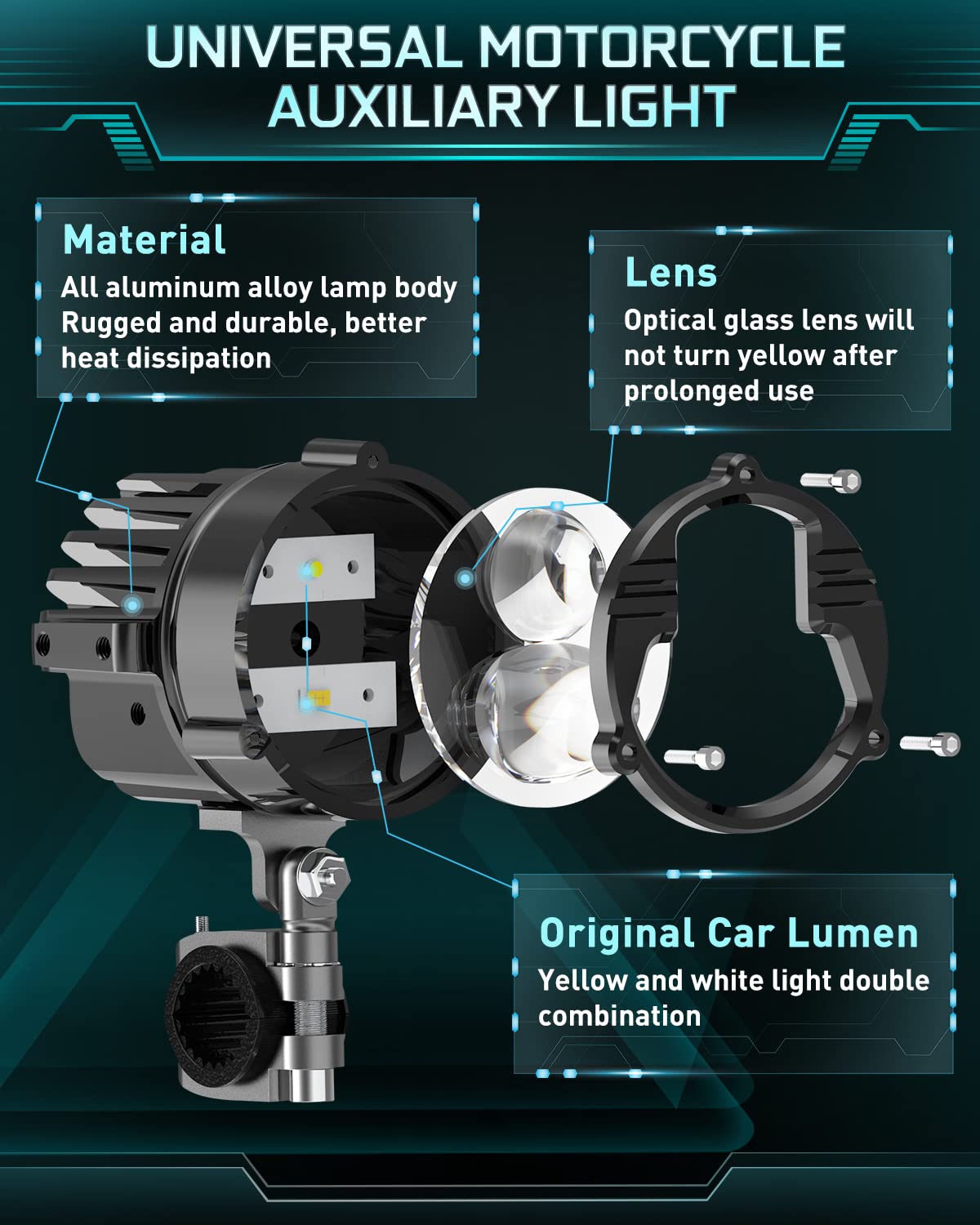 COLIGHT 100W Motorcycle LED Fog Lights - 30,000 LM Amber/White Strobe Pod Lights with 5 Modes - Waterproof Offroad Work Lights & Driving Spotlights - Includes 6FT Wiring Harness Kit (2 Pack) - Perfect for Night Riding, Off-Road Adventures & Emergency Vehicles