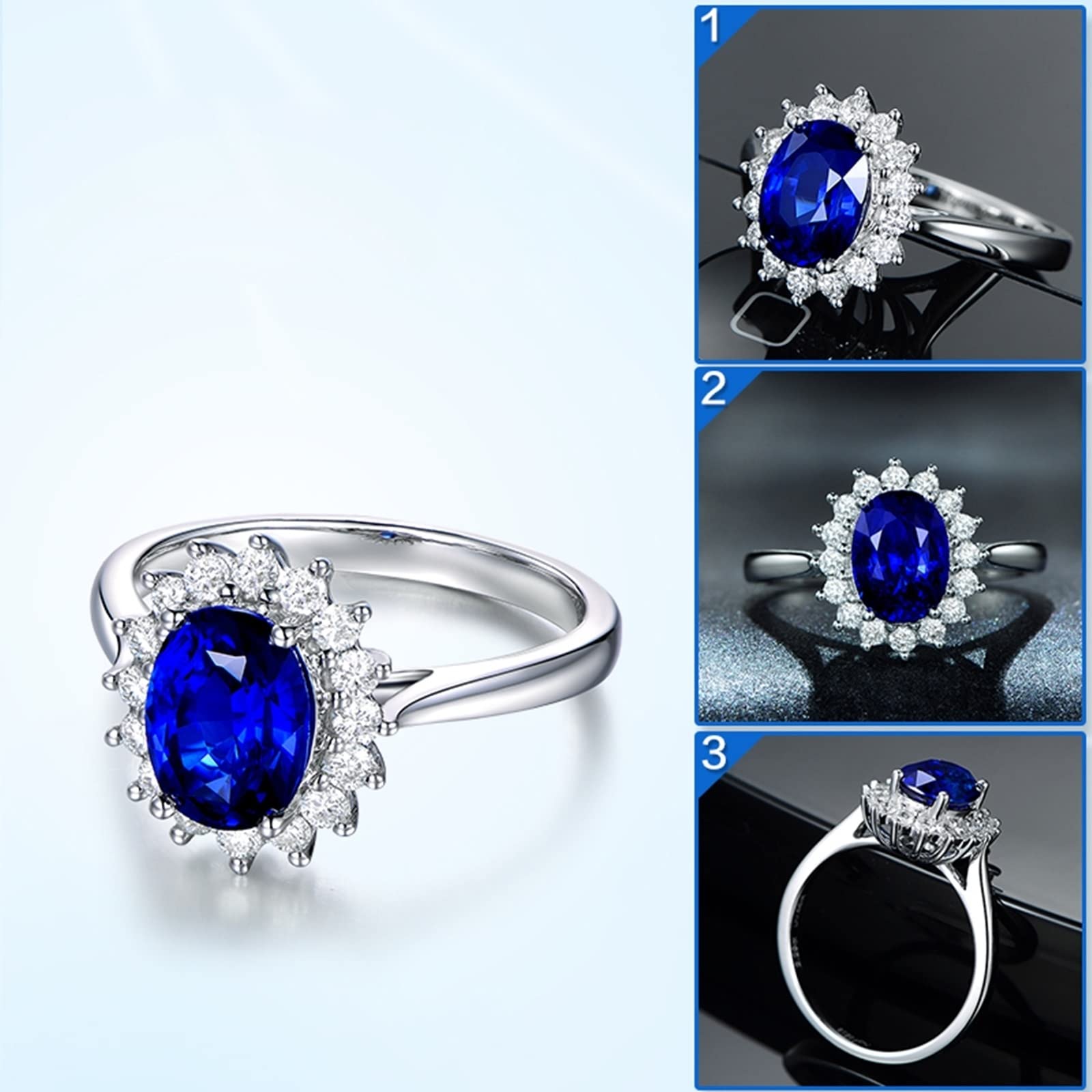 18K White Gold Oval Blue Sapphire & White Diamond Ring for Women - 0.41ct Custom Middle Finger Ring | Elegant Jewelry for Weddings, Anniversaries & Special Occasions