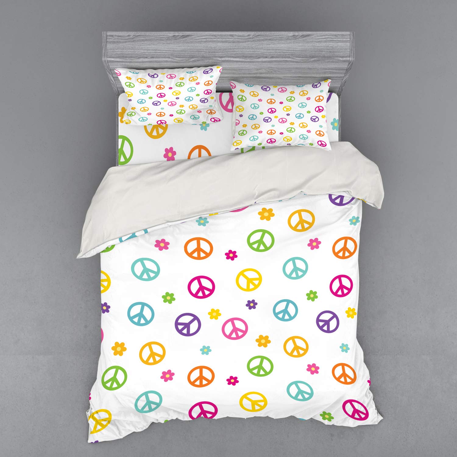 Ambesonne Groovy Duvet Cover Set - Peace Lifestyle Sign Slogan Celebration Merry Jolly Happy Theme Design, 4-Piece Queen Size Bedding Set with Shams & Fitted Sheet, Multicolor Bohemian Style - Perfect for Bedroom Decor, Guest Room, Dorm, and Festival Themed Parties