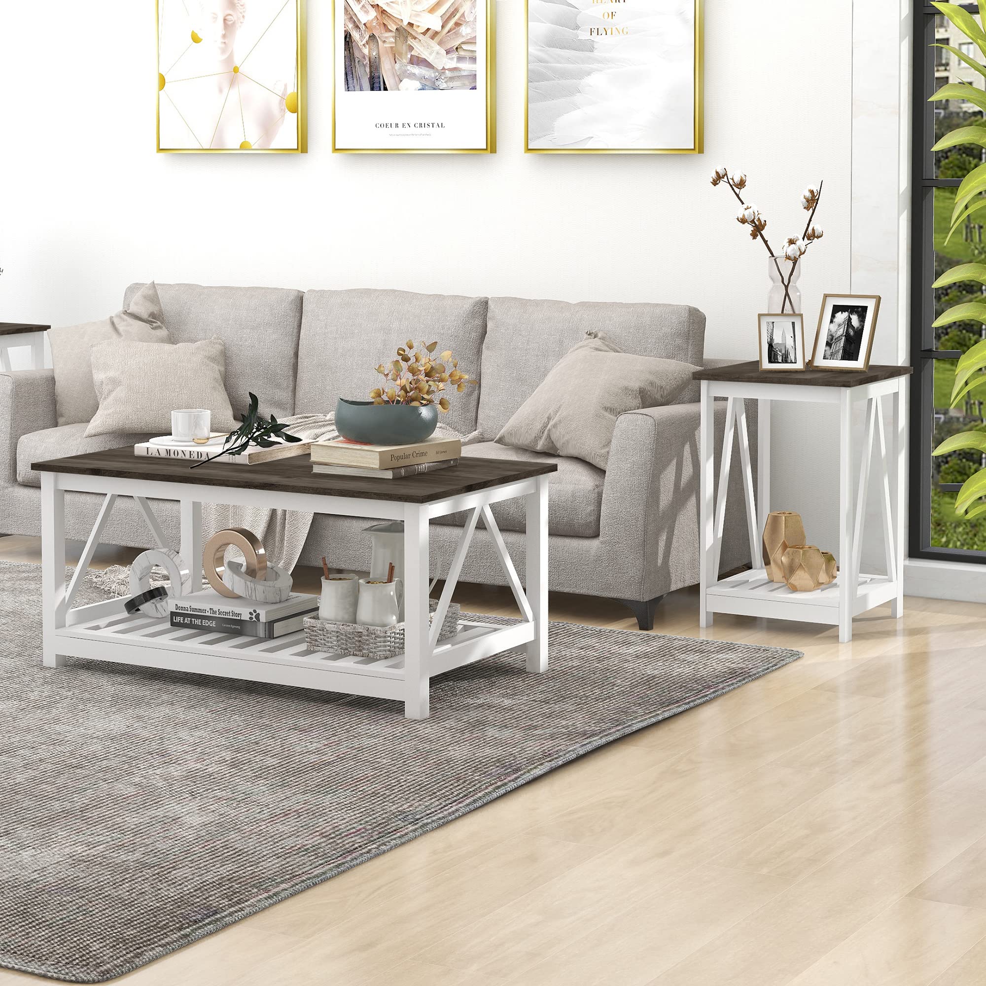Farmhouse Coffee Table and End Table Set - 2-Tier Wooden Living Room Furniture with Slatted Base in Dark Oak - Perfect for Cozy Living Rooms, Family Gatherings & Home Decor
