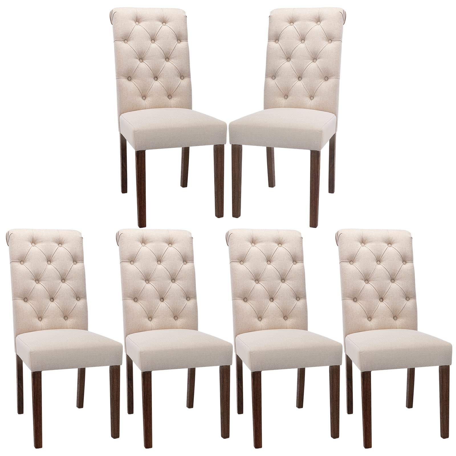 COLAMY Button Tufted Dining Chairs Set of 6 - Upholstered Fabric Parsons Chairs with Solid Wood Legs & Padded Seats for Dining Room & Kitchen - Dark Beige | Perfect for Family Dinners, Entertaining Guests & Stylish Home Decor