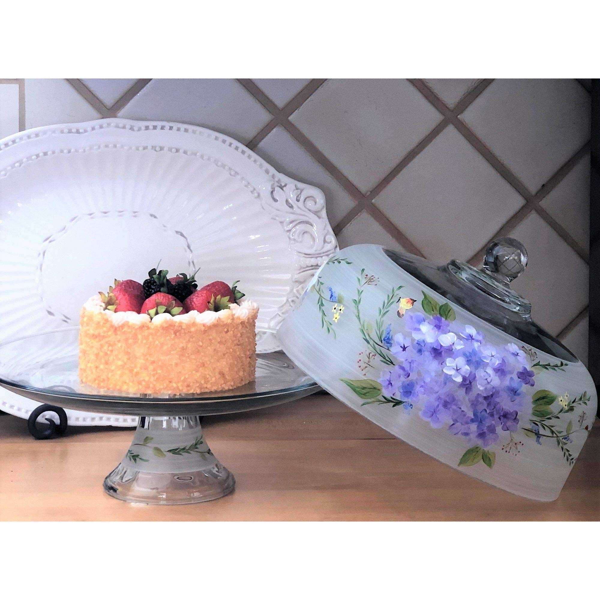 Poppy Floral Hand-Painted Glass Convertible Cake Dome - 11 Inch Large Serving Dome for Wedding, Birthday & Dessert Display | Elegant Kitchen Decor