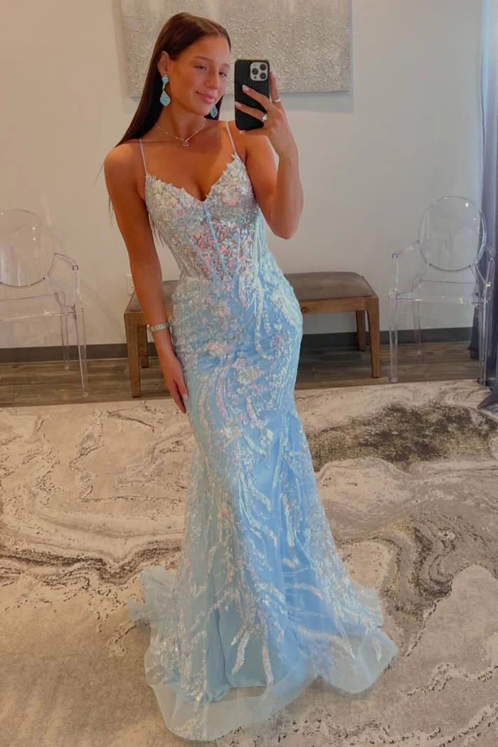Light Blue V-Neck Sequin Appliques Mermaid Prom Dress J4054 - Elegant Evening Gown for Homecoming, Pageants & Special Occasions