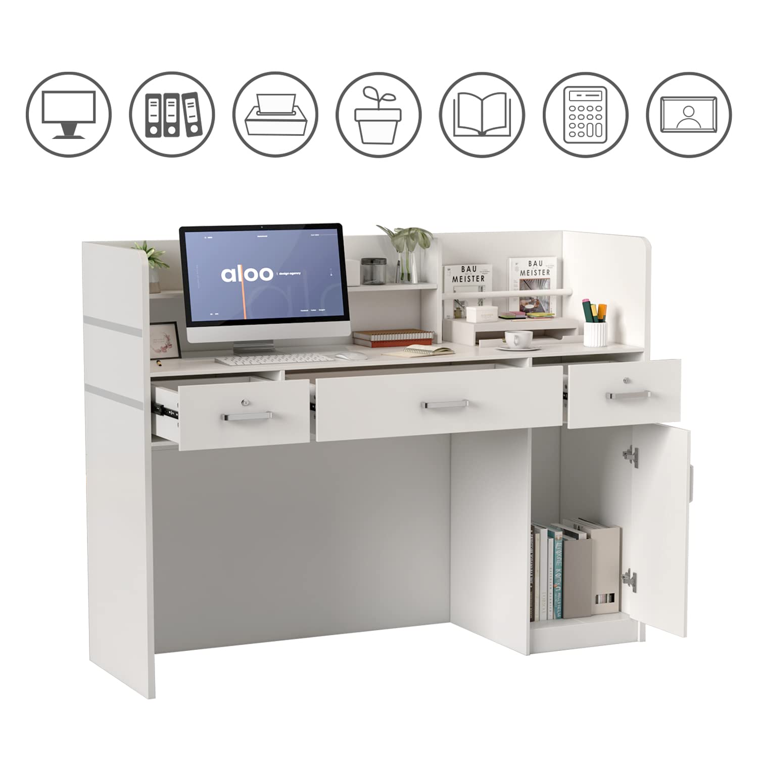 Wooden Reception Desk with Open Shelf & Lockable Drawers - Office Furniture for Reception Rooms (White)
