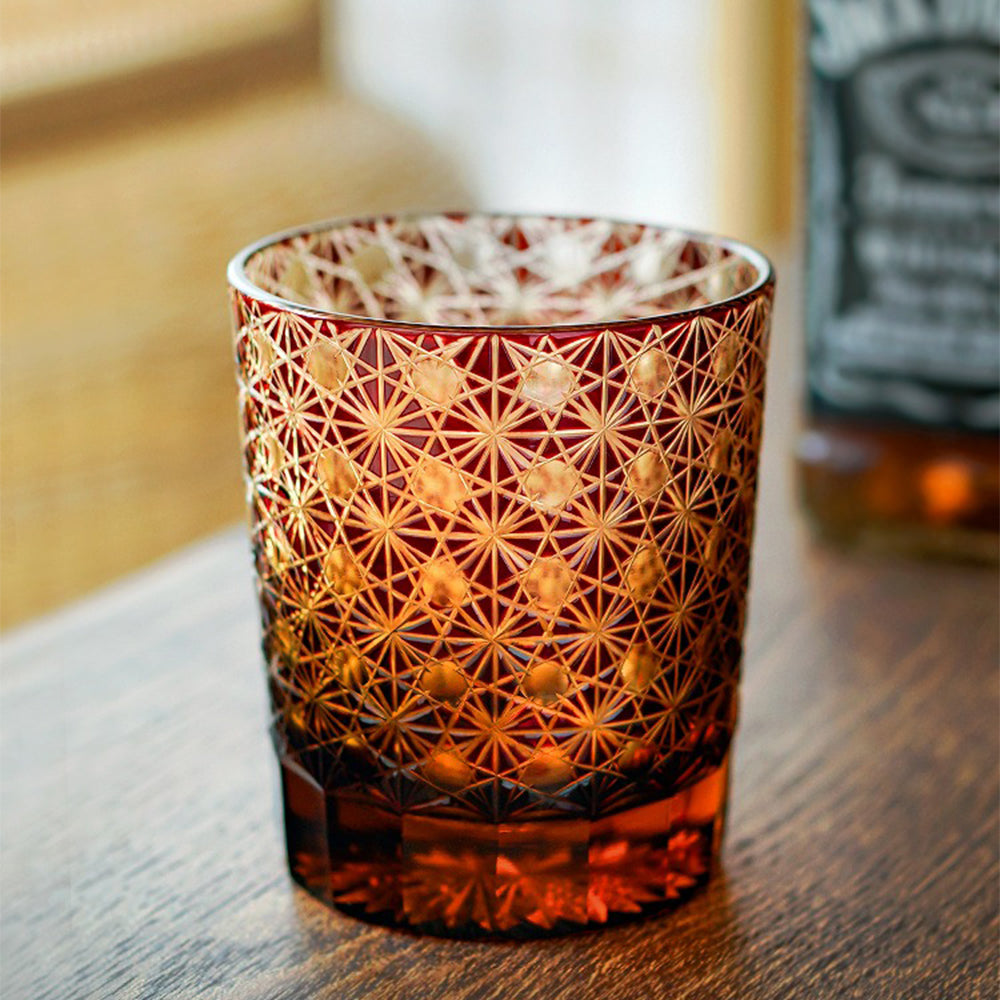 Edo Kiriko Amber Star Chrysanthemum Whiskey Glass - Handcrafted Japanese Cut Crystal Tumbler for Scotch, Bourbon, Tea - Elegant Barware & Gift for Whiskey Lovers