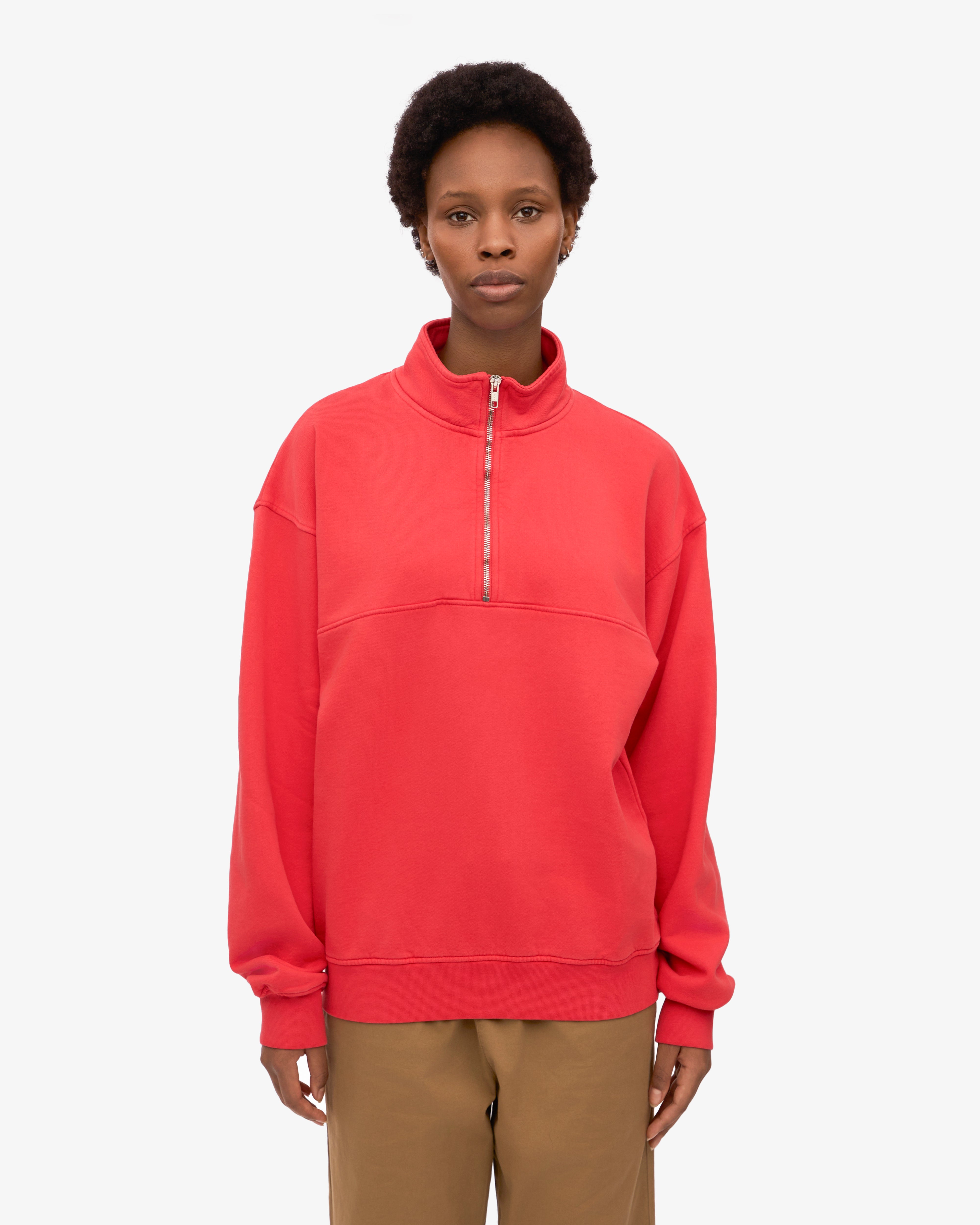 Organic Quarter Zip Sweatshirt for Men - Red Tangerine Color | Eco-Friendly Cotton Pullover | Perfect for Outdoor Activities & Casual Wear