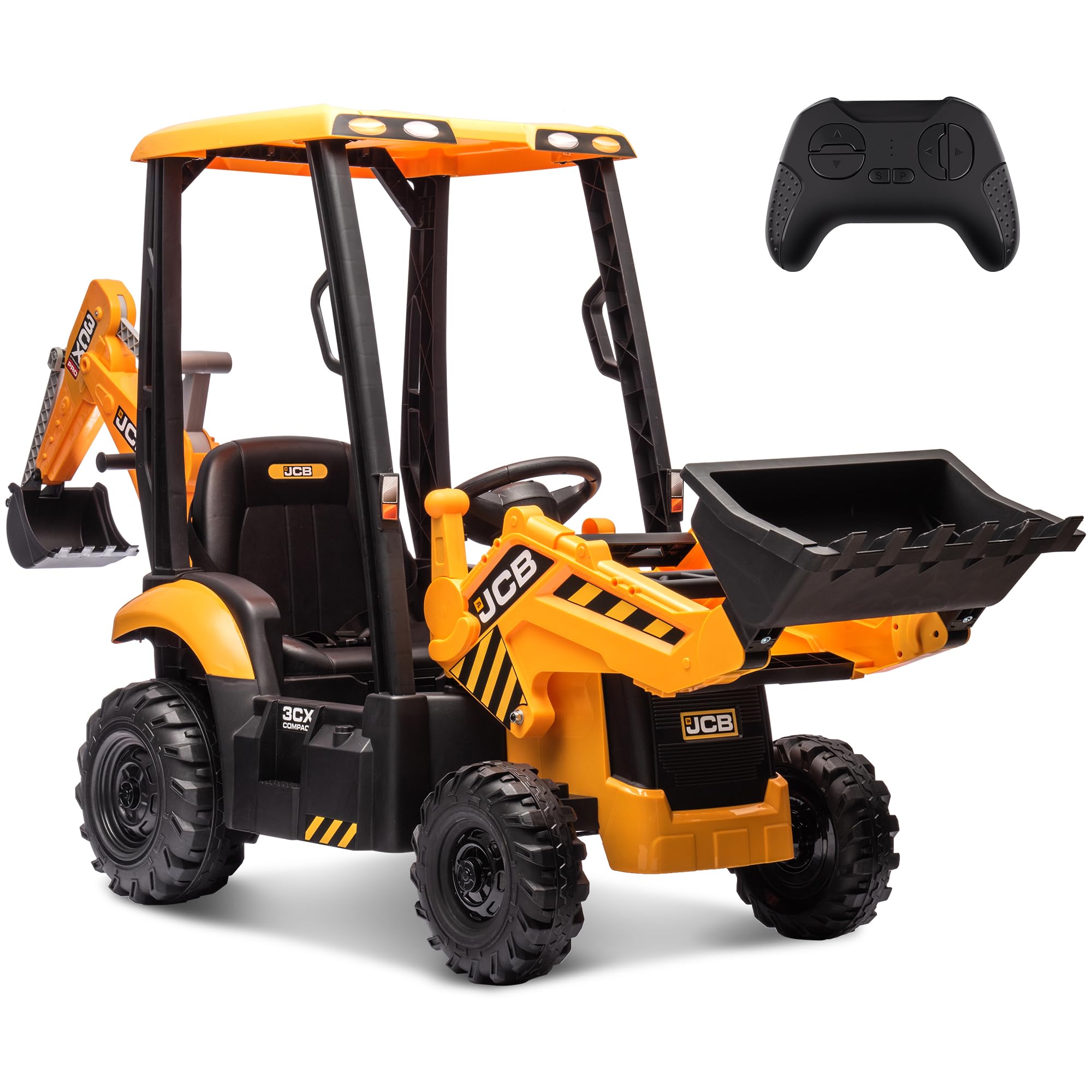 12V JCB Electric Backhoe Loader Toy Car for Kids - Battery Powered Ride-On Construction Vehicle with Front Loader & Excavator, Remote Control, Moving Parts, Adjustable Seat & Soft Start - Perfect for Outdoor Play, Birthday Gifts & Construction Pretend Play