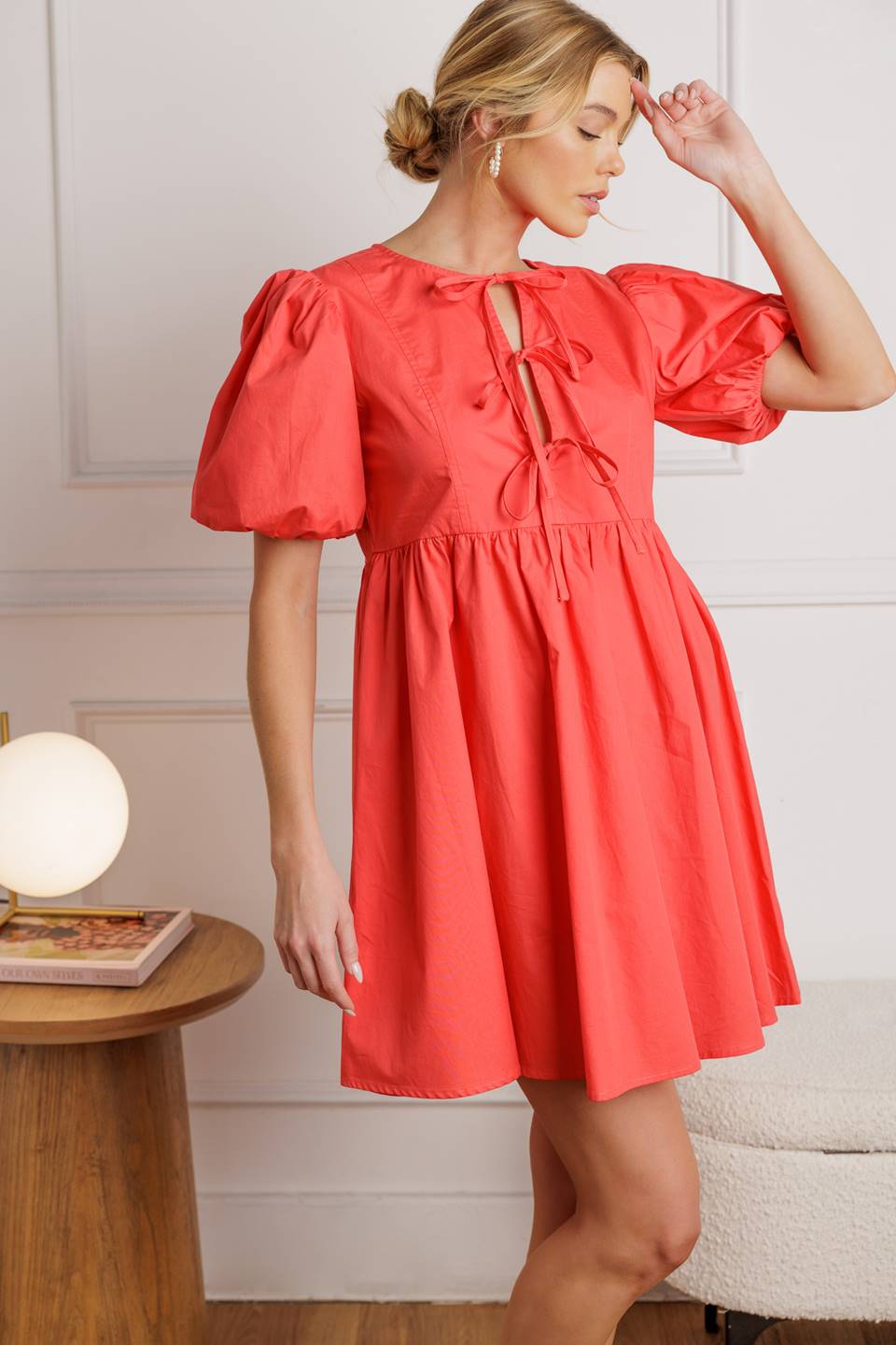 Front Tie Puff Sleeve Mini Dress in Coral - Elegant Summer Party & Date Night Outfit for Women