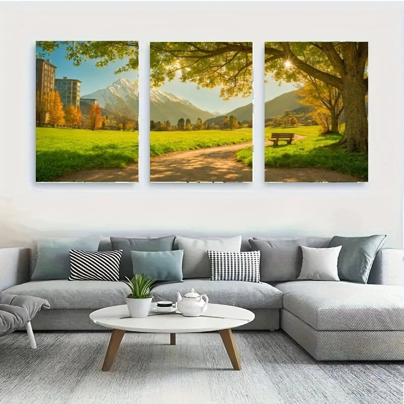 3-Piece Scenic Landscape Metal Print with Bench - Ready to Hang Wall Art for Living Room, Bedroom & Office Decor