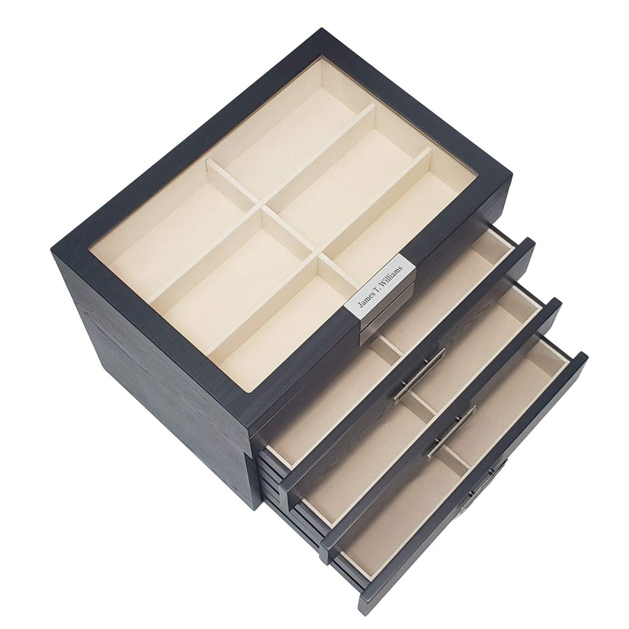 Personalized 24-Piece Large Black Wooden Eyeglass & Sunglass Display Case - 4-Tier Storage Box with Drawer | Perfect for Optical Shops, Retail Stores & Home Organization