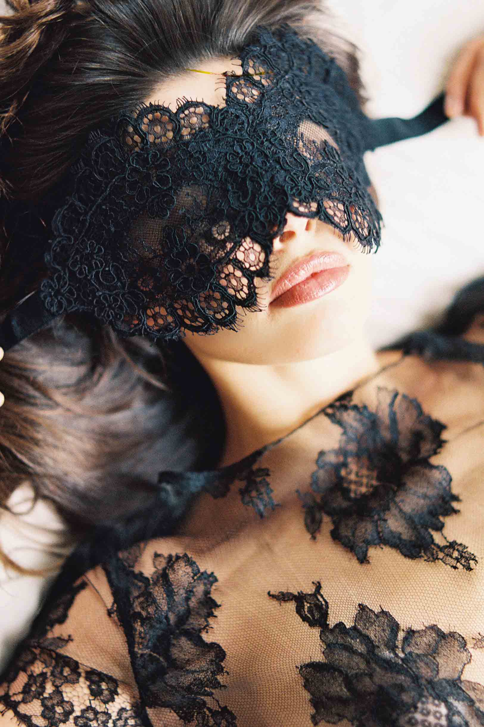 Black Rayna Alencon Lace Blindfold Venetian Sleep Mask - Elegant Eye Cover for Spa, Meditation, Travel & Sensual Play