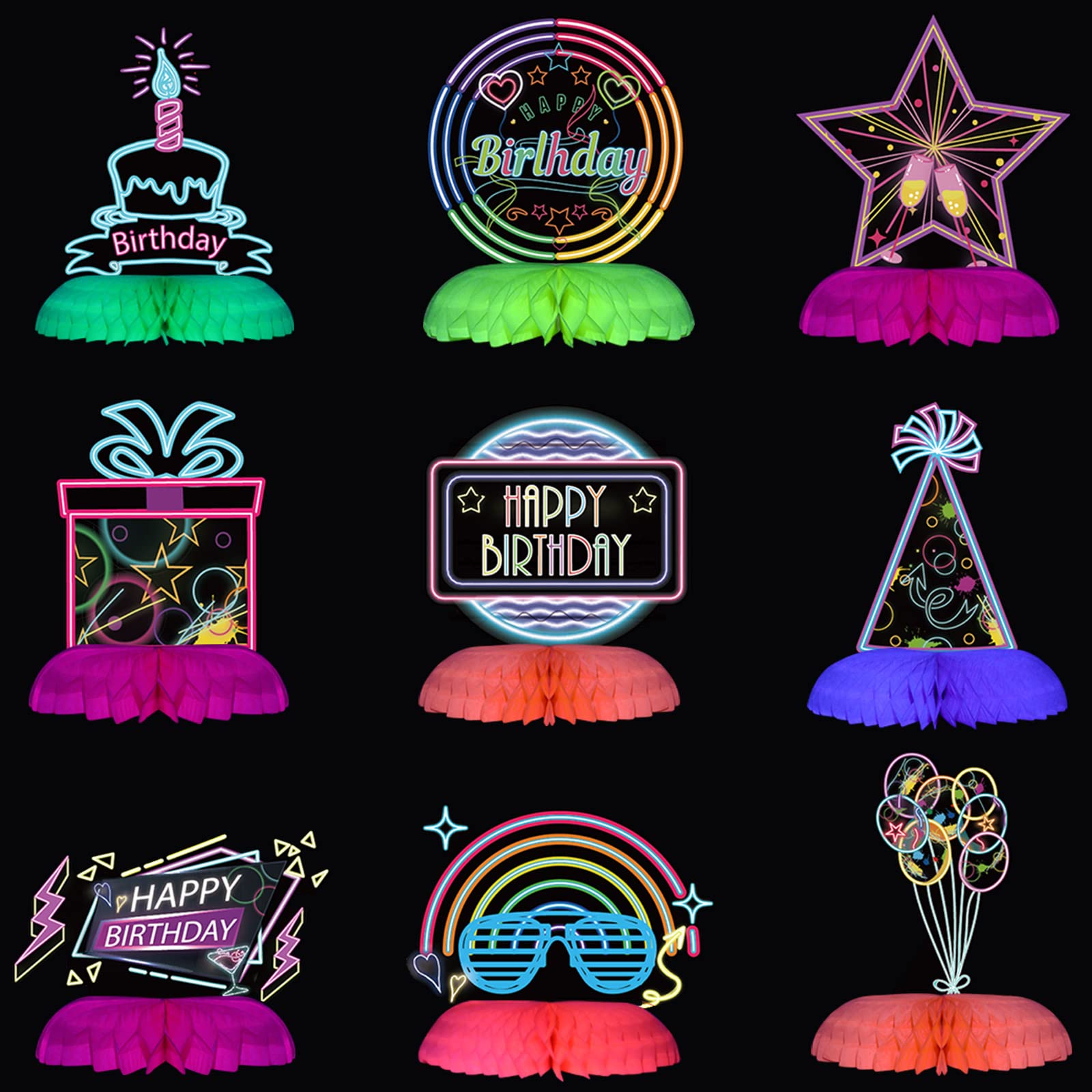9-Piece Neon Glow Party Birthday Centerpieces - Fluorescent Table Decorations, Colorful Neon Party Supplies for Birthday Favors | Perfect for Glow-in-the-Dark Parties, Nightclubs & Themed Events