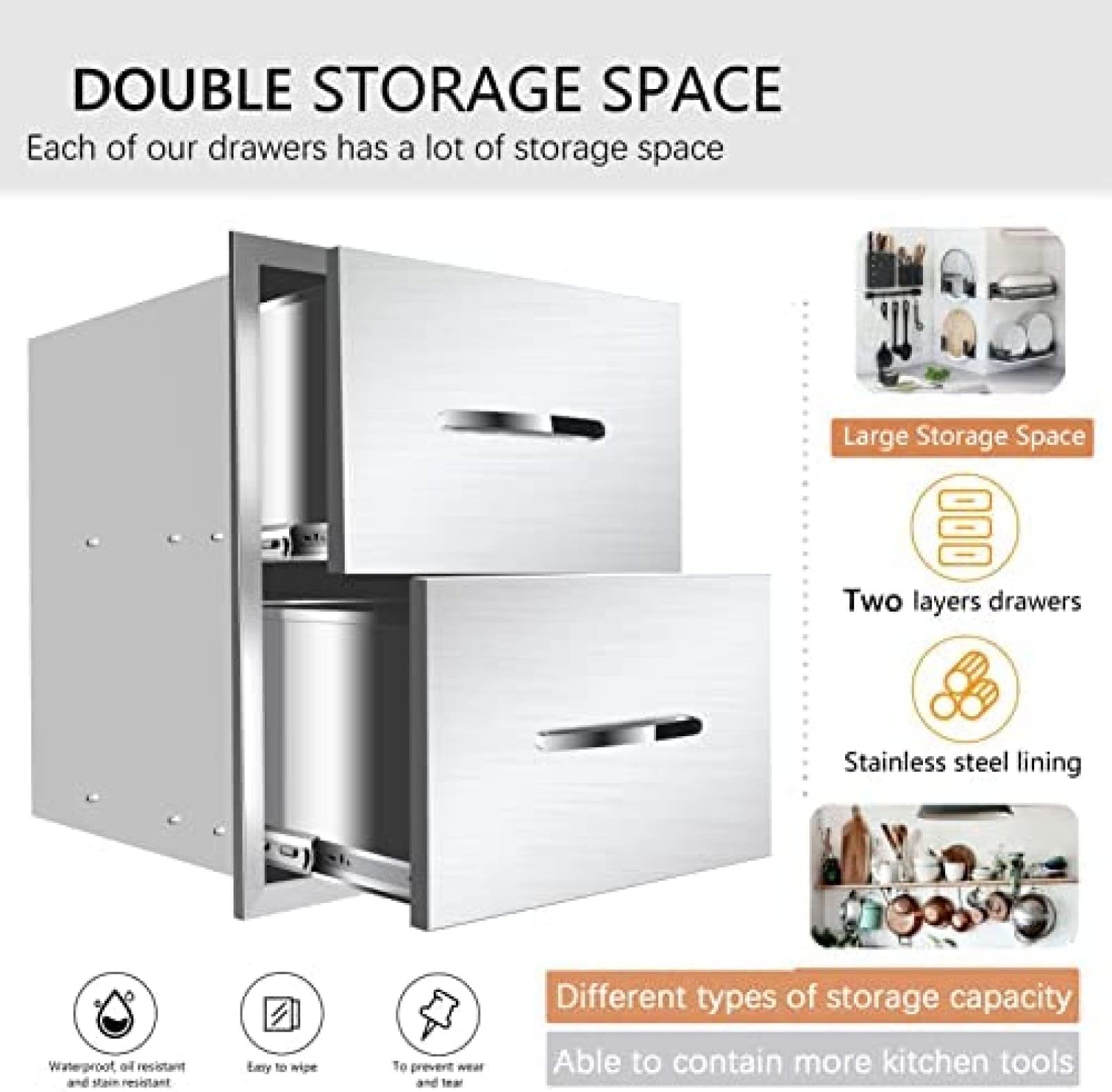 Stainless Steel Outdoor Kitchen Drawers - Flush Mount BBQ Island Drawers with Embedded Handle for Patio Grill Station (14