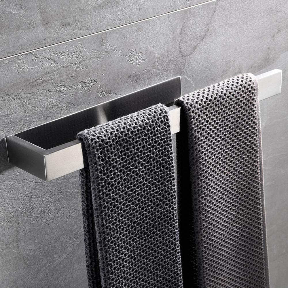 No-Drill Stainless Steel Self-Adhesive Towel Bar - 13.8 Inch Brushed Silver Bathroom Towel Holder - Durable Space-Saving Hand Towel Rack for Bathroom, Kitchen, RV & Dorm
