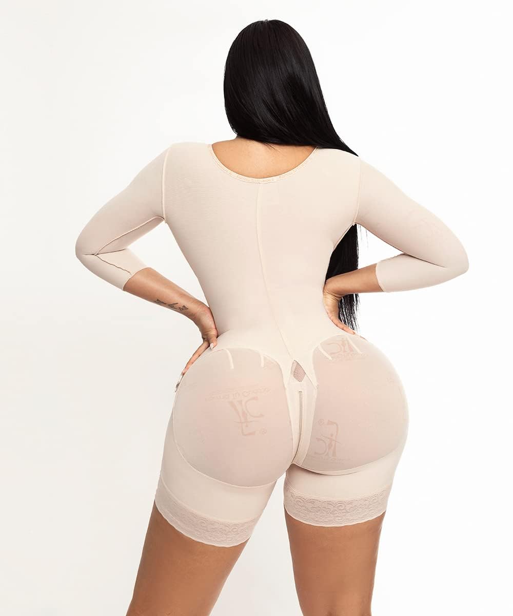 Shapewear Bodysuit for Women - Colombian Fajas Mid Thigh with Built-in Bra, Long Sleeves, Front Clasps & Perineal Zipper | Tummy Control & Body Shaping | Perfect for Postpartum, Workout & Special Occasions (Ref. O-093)